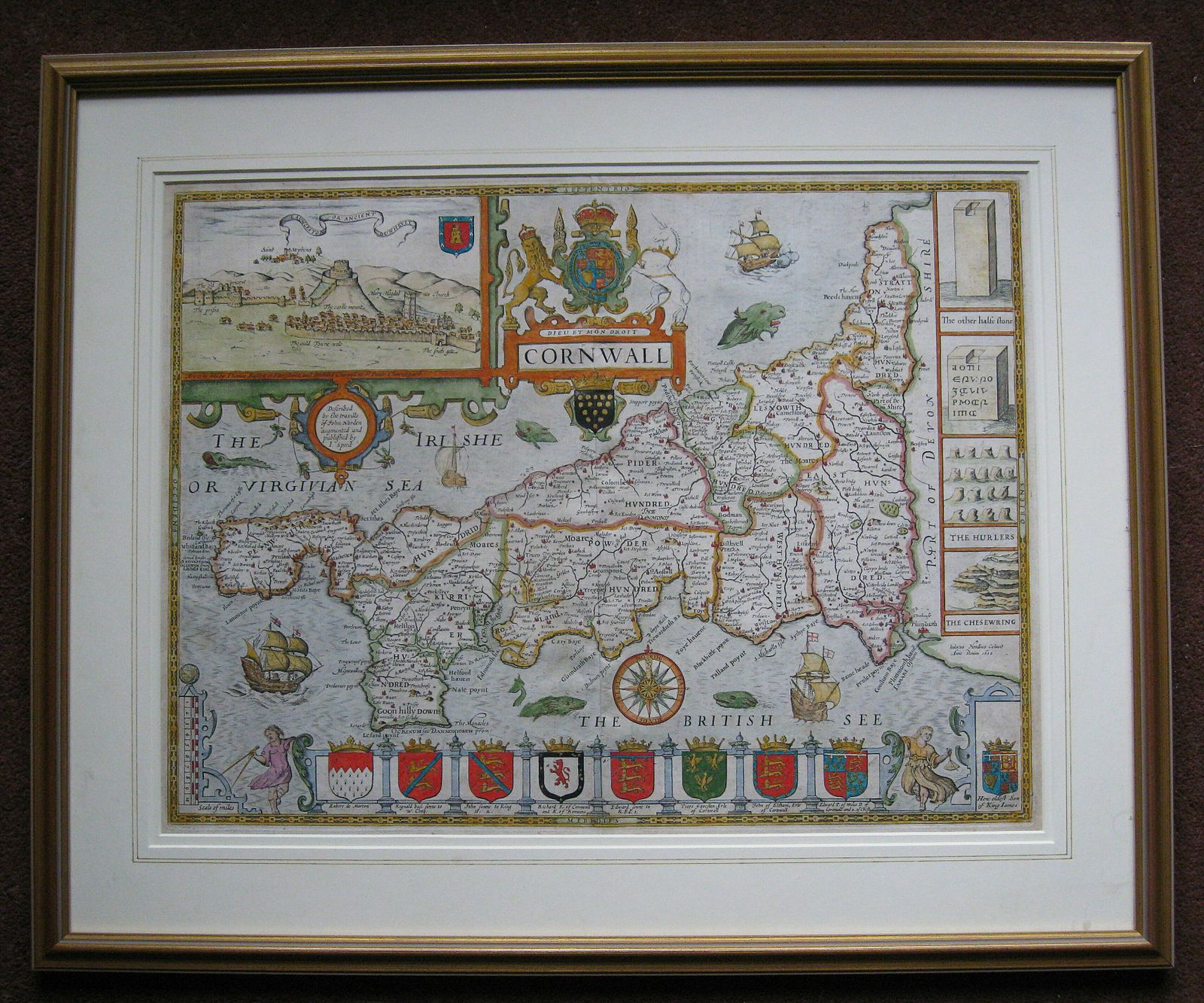 A Fine Example Of John Speed's Decorative Map Of Cornwall, From Speed's ‘Theatre Of Great Britain.’ Bassett And Chiswell 1676 Edition.
