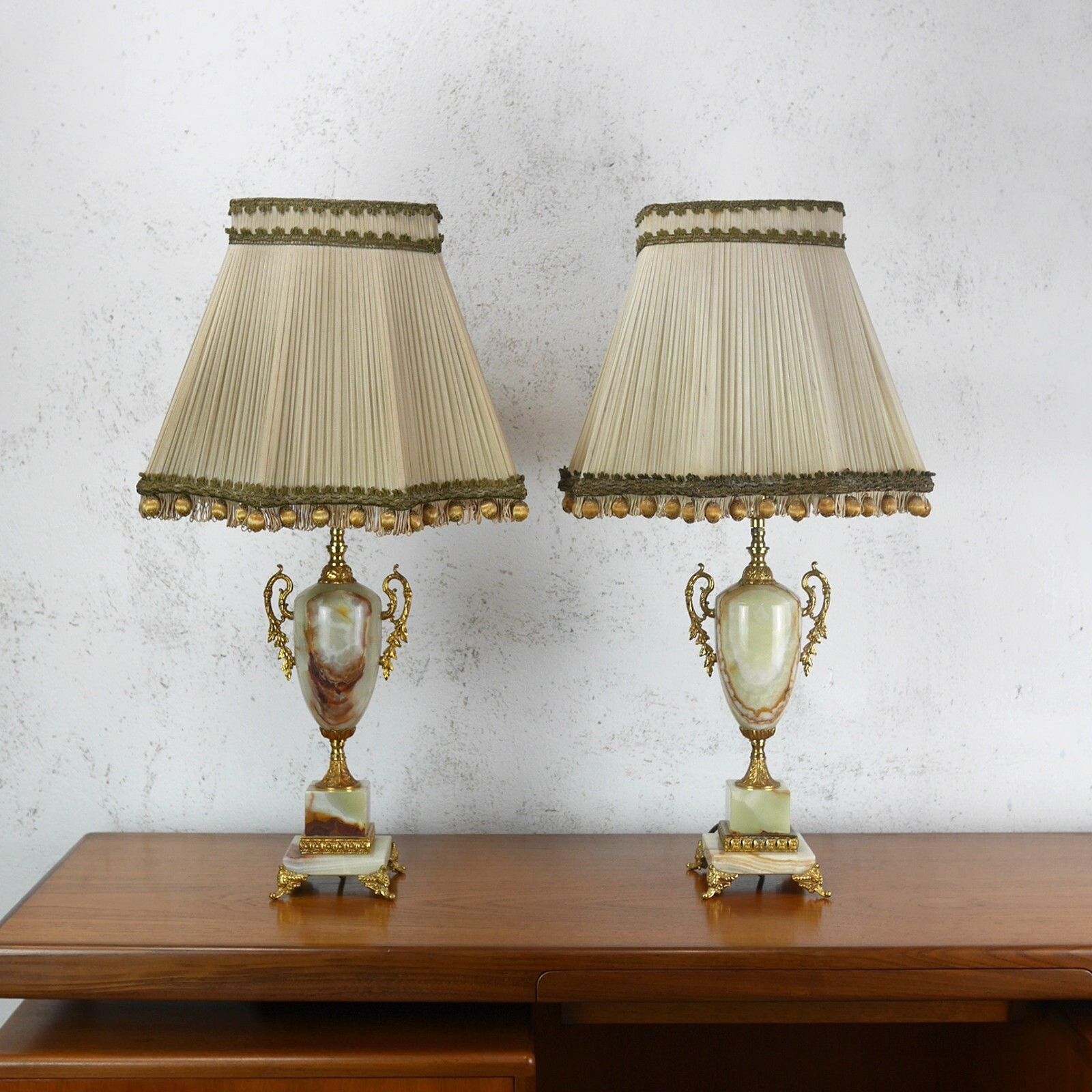 Pair Vintage Mid Century Onyx Green Brown Table Lamps Lights Shades #102757 photo for sale
