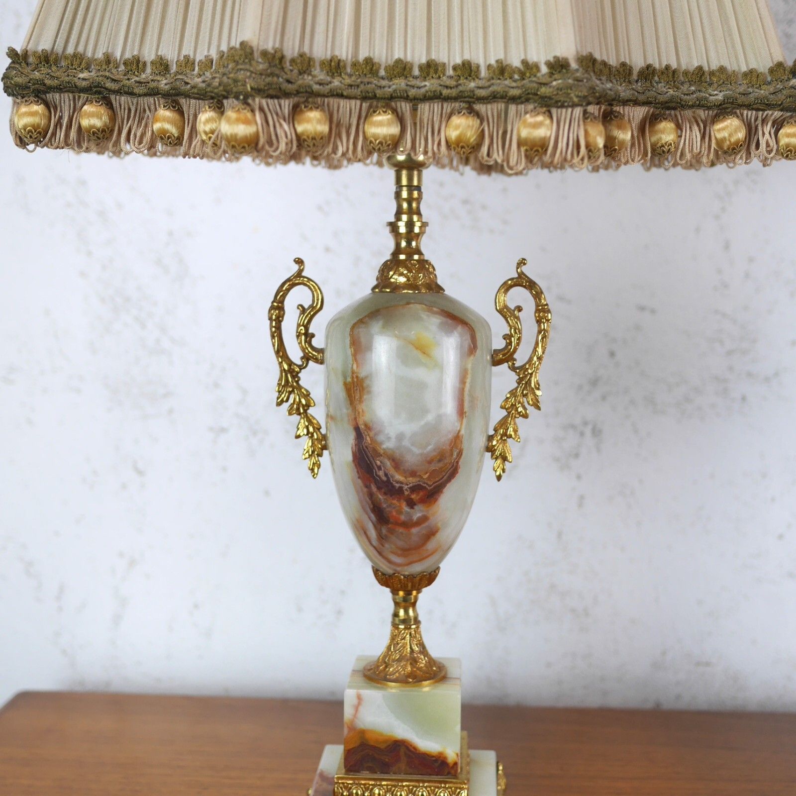 Pair Vintage Mid Century Onyx Green Brown Table Lamps Lights Shades #102757 photo vinterior