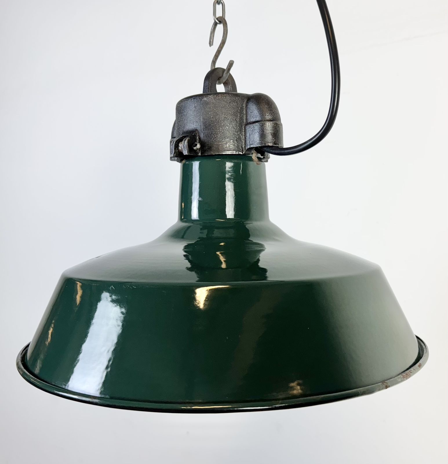 Industrial French Dark Green Enamel Factory Pendant Lamp, 1960s, 5x photo for sale