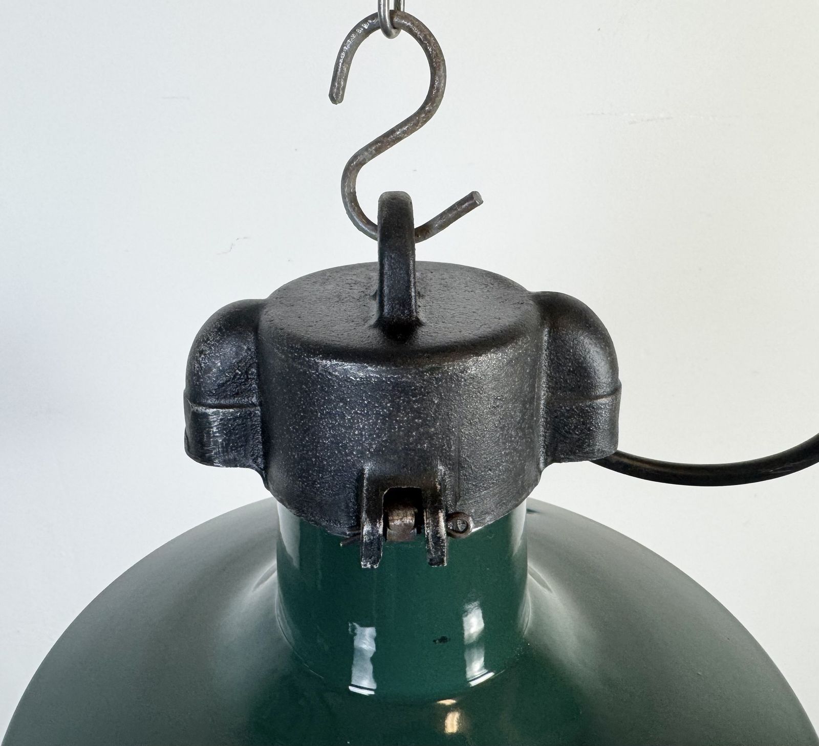 Industrial French Dark Green Enamel Factory Pendant Lamp, 1960s, 5x photo vintage