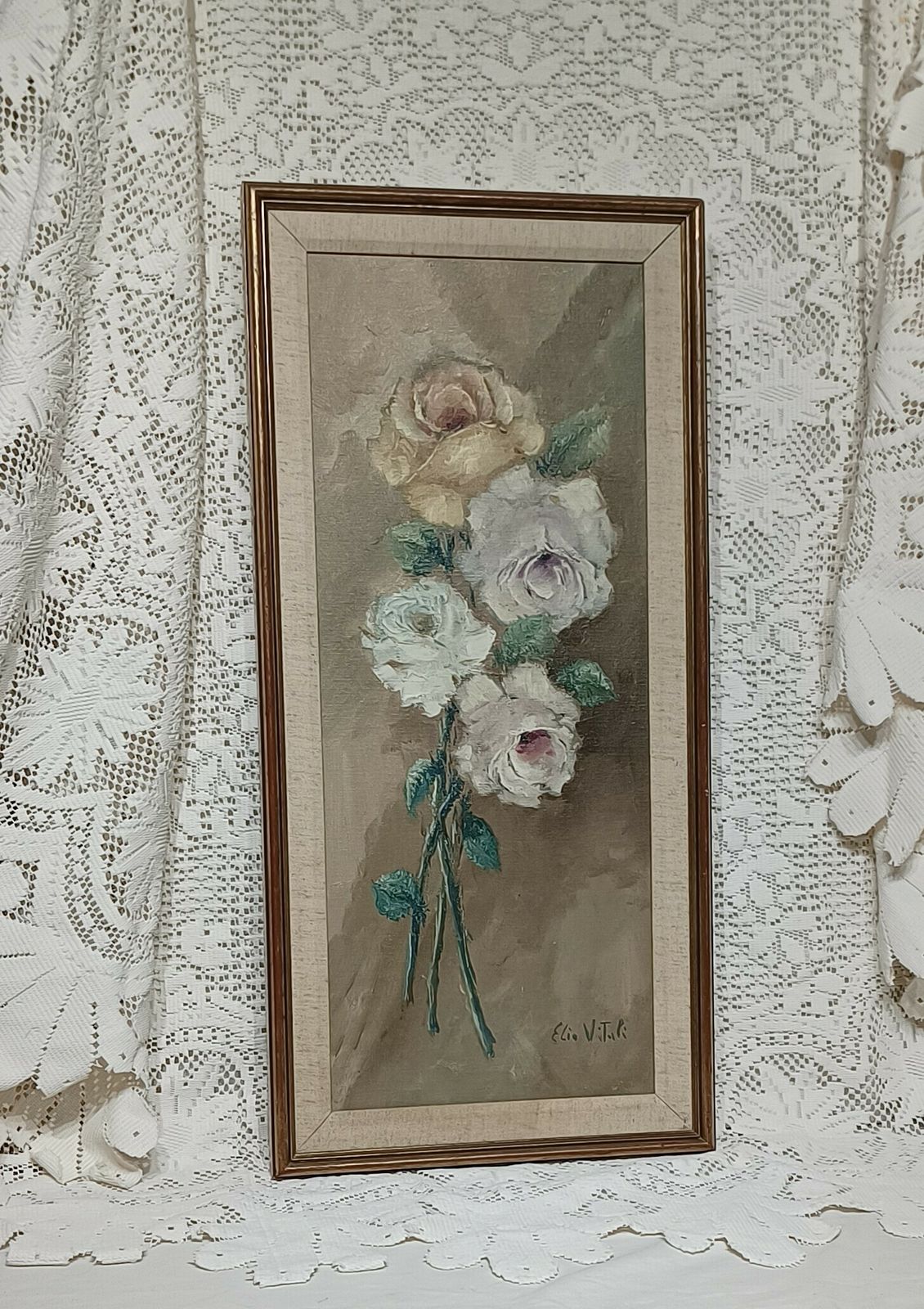 Italian Floral Oil Painting Italian Roses Signed Elio Vitali . photo furniture