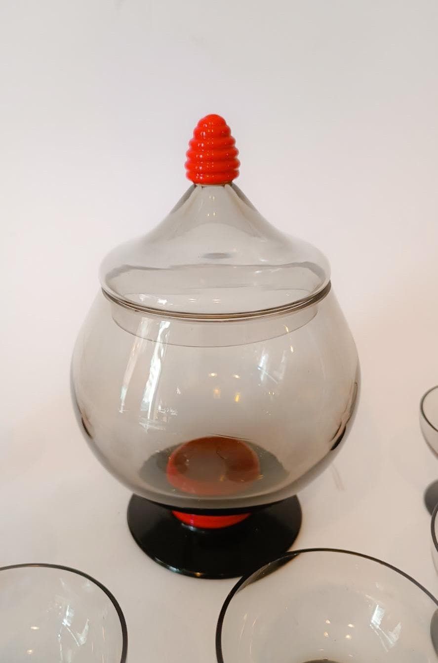 Murano Glass Service Set Designed By Napoleone Martinuzzi 6 Glasses Aperitif Cup Smoked Red photo furniture