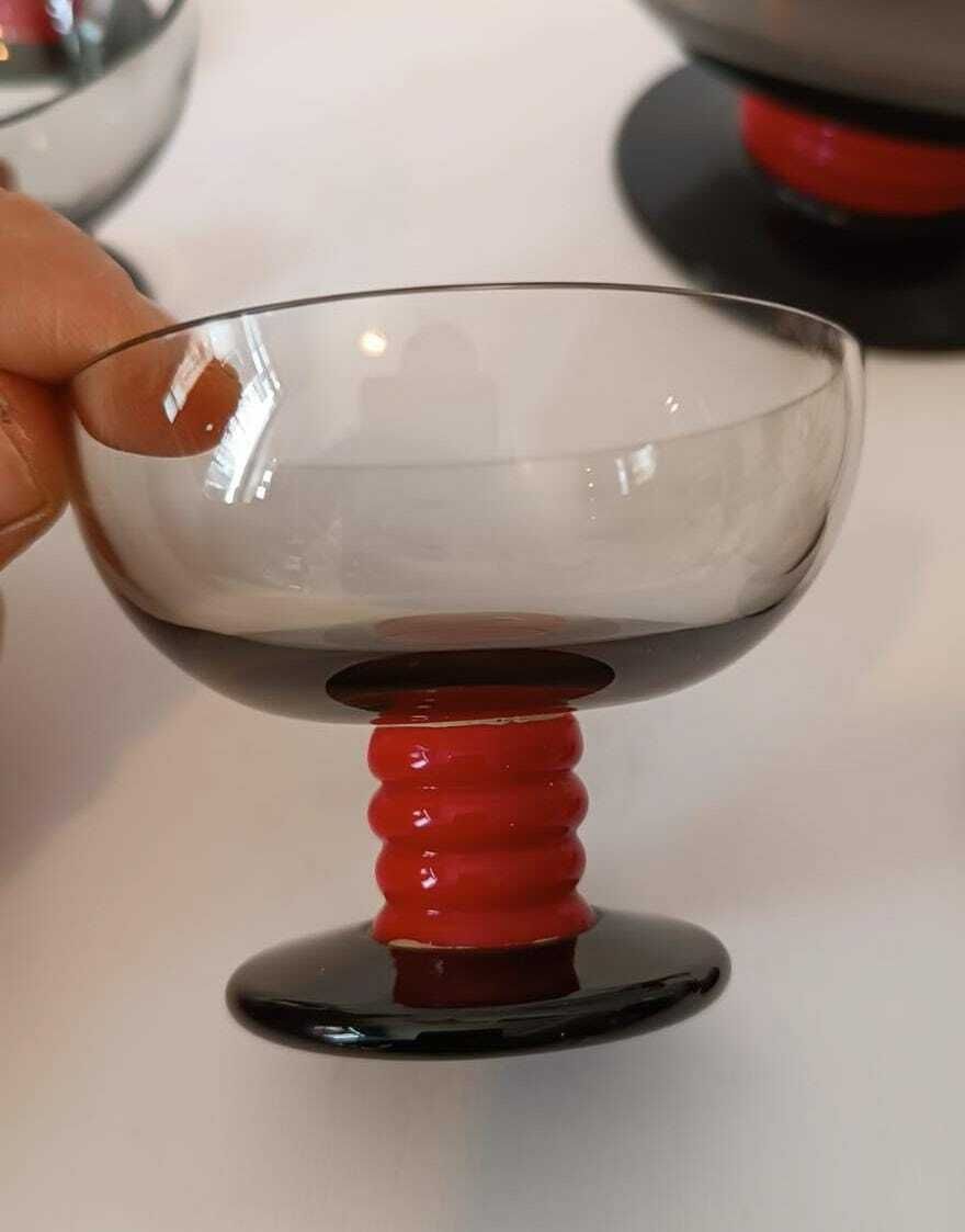 Murano Glass Service Set Designed By Napoleone Martinuzzi 6 Glasses Aperitif Cup Smoked Red photo Home Decor