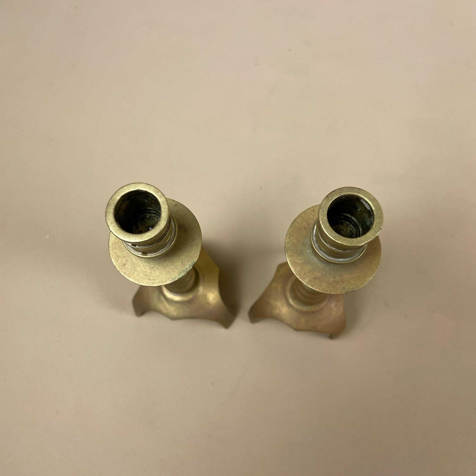 Antique Matching Pair Of Gold Brass Metal Candlestick Candle Stick Vintage Column Taper Dinner Candlesticks Column Pillar 3 Feet photo buy