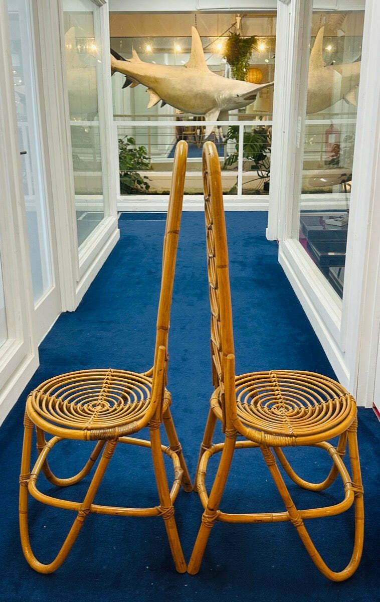 photo for sale 1960s Dutch Dirk Van Sliedrecht Rattan & Bamboo Dining Chairs.  Manufactured By Rohe Noordwolde