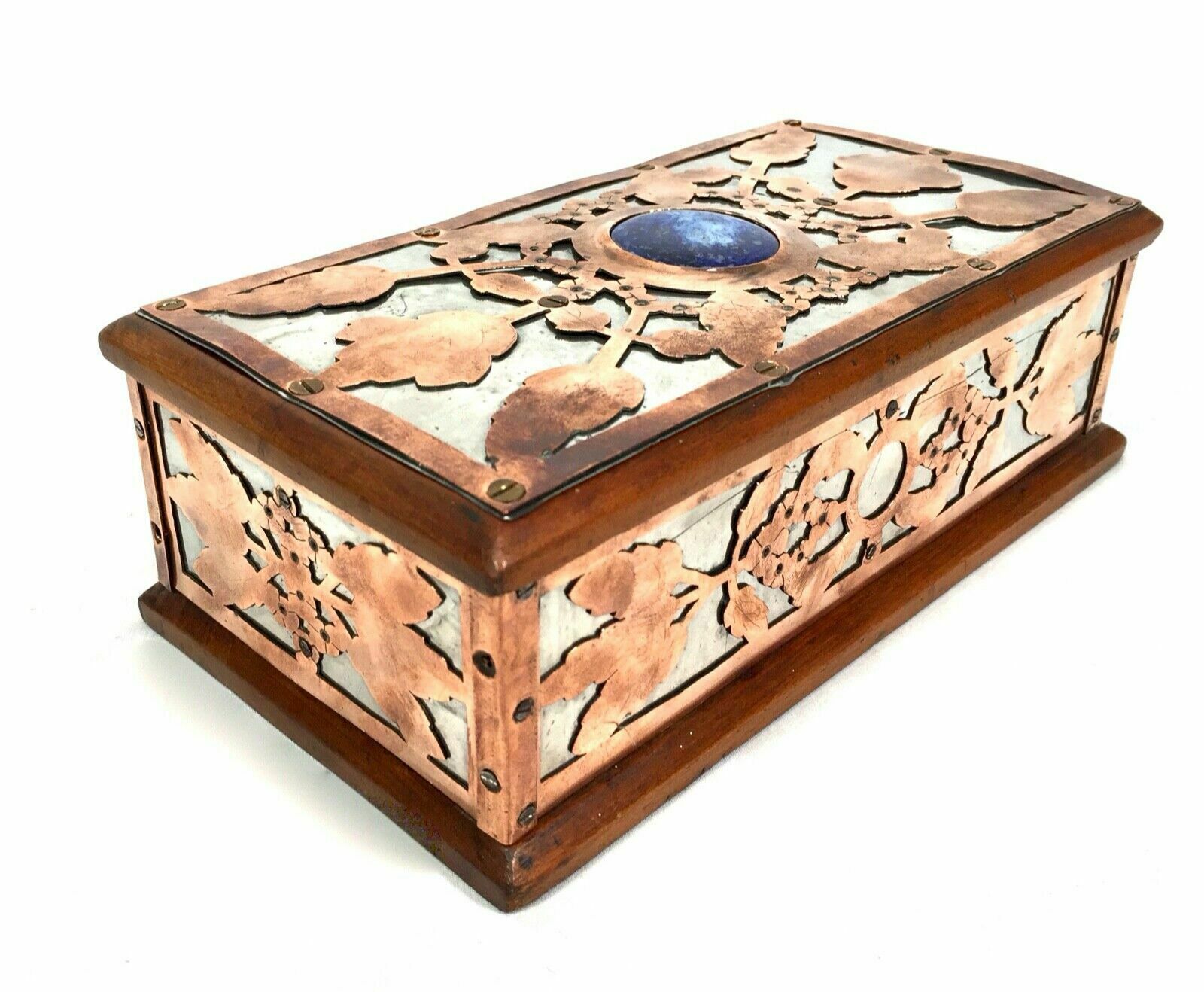 Antique Arts & Crafts Copper & Pewter Walnut Trinket Box Ruskin Cabochon Inlay photo Home Decor