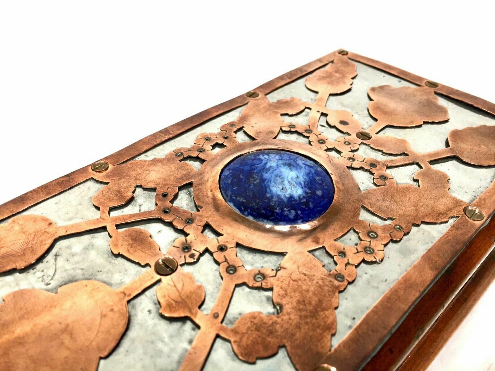 Antique Arts & Crafts Copper & Pewter Walnut Trinket Box Ruskin Cabochon Inlay photo 399.0