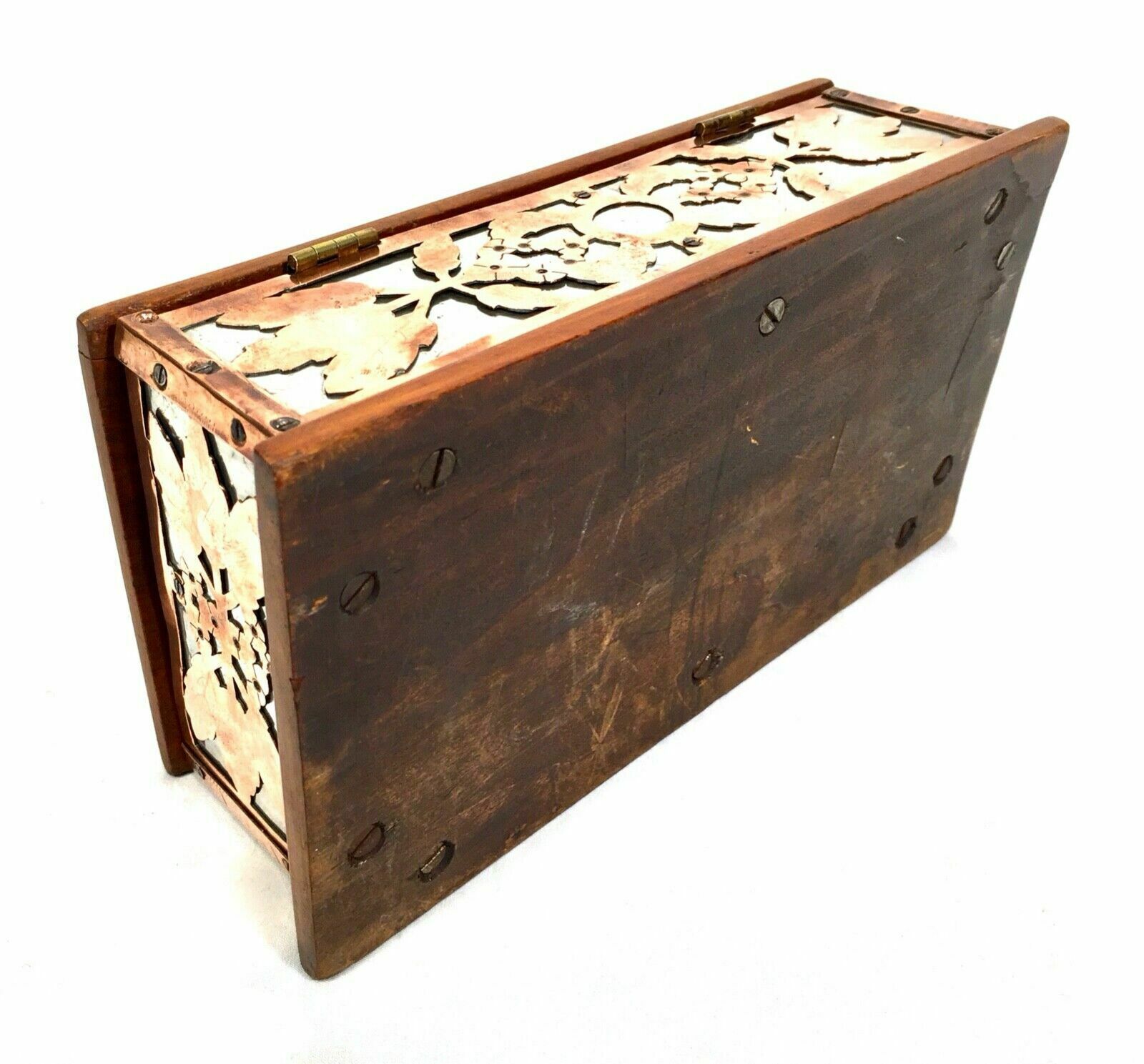 photo furniture Antique Arts & Crafts Copper & Pewter Walnut Trinket Box Ruskin Cabochon Inlay