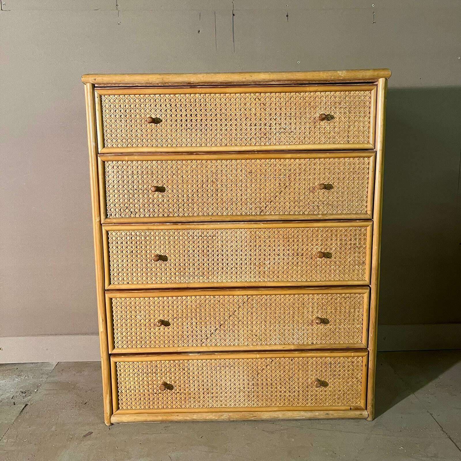 Mid Century Rattan Chest Of Drawers With 5 Drawers And Bamboo Handles photo furniture
