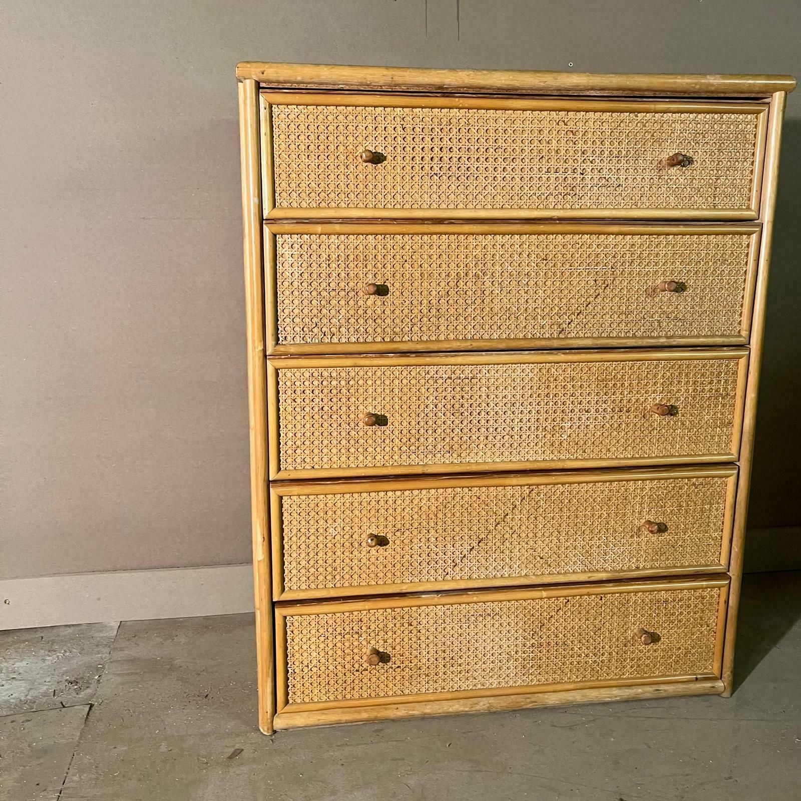 Mid Century Rattan Chest Of Drawers With 5 Drawers And Bamboo Handles photo Furniture