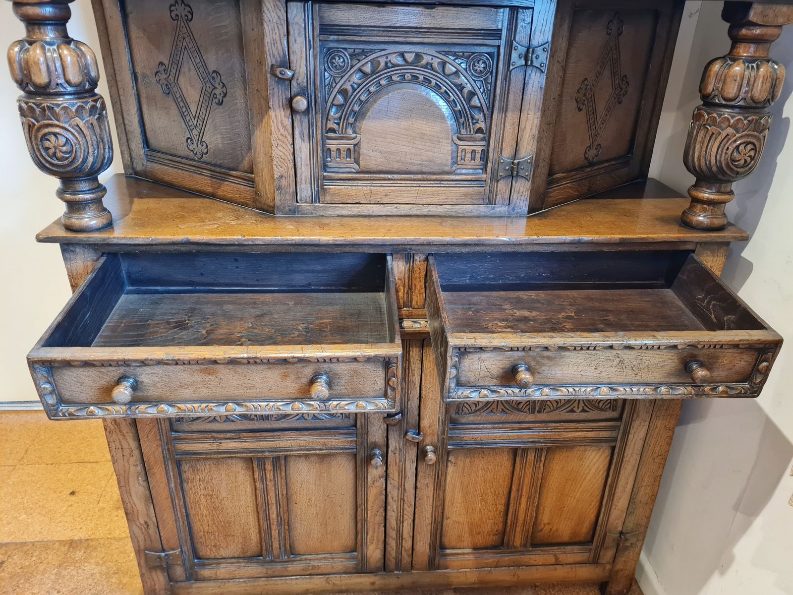 20th Century Ipswich Oak Carved Cabinet photo Furniture