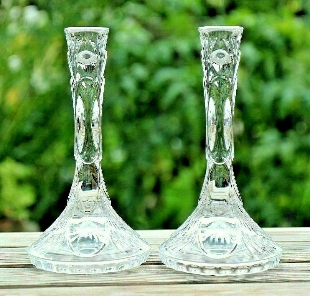 Pair Of Vintage Italian Crystal Glass Candlesticks A Layered Deco Design