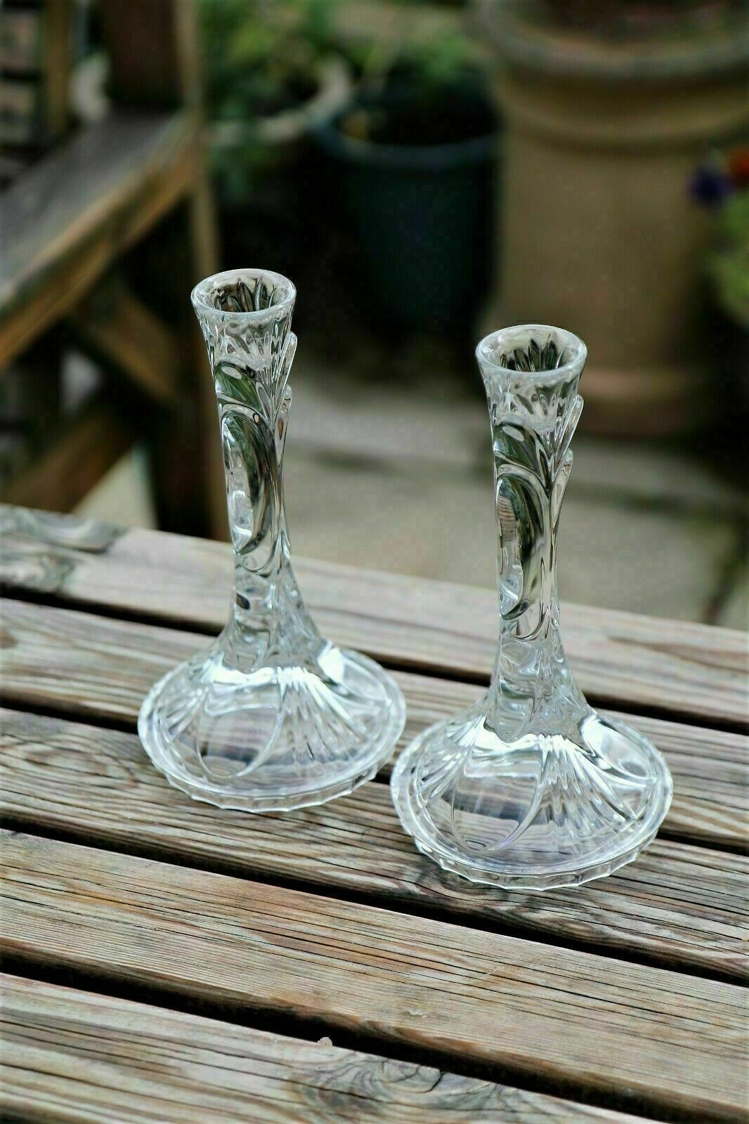 Pair Of Vintage Italian Crystal Glass Candlesticks A Layered Deco Design photo for sale