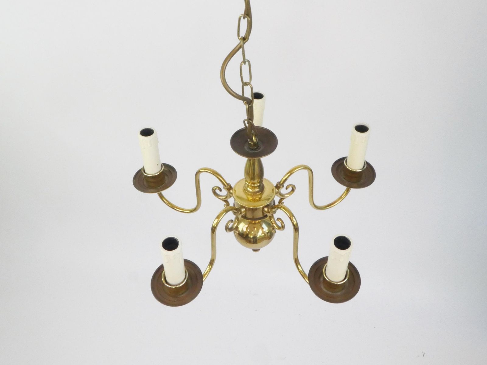 Vintage Brass Branded Chandelier With 5 Arms, German Mid Century Ceiling Lamp, Hollywood Regency Style photo vinterior