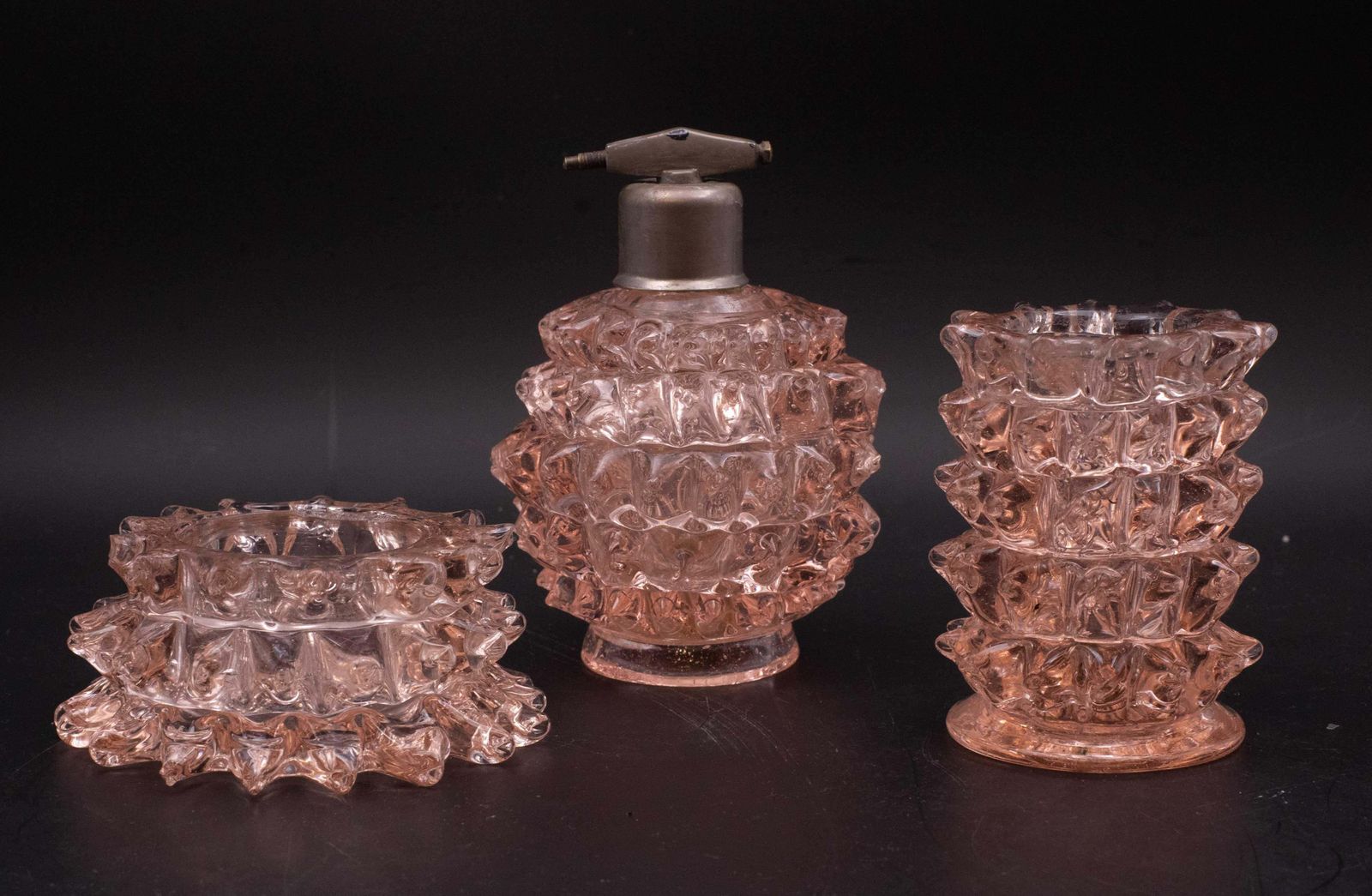 Rare Set Of 3 Pink Rostrato Murano Glass Vases By Barovier & Toso, 1940s photo furniture
