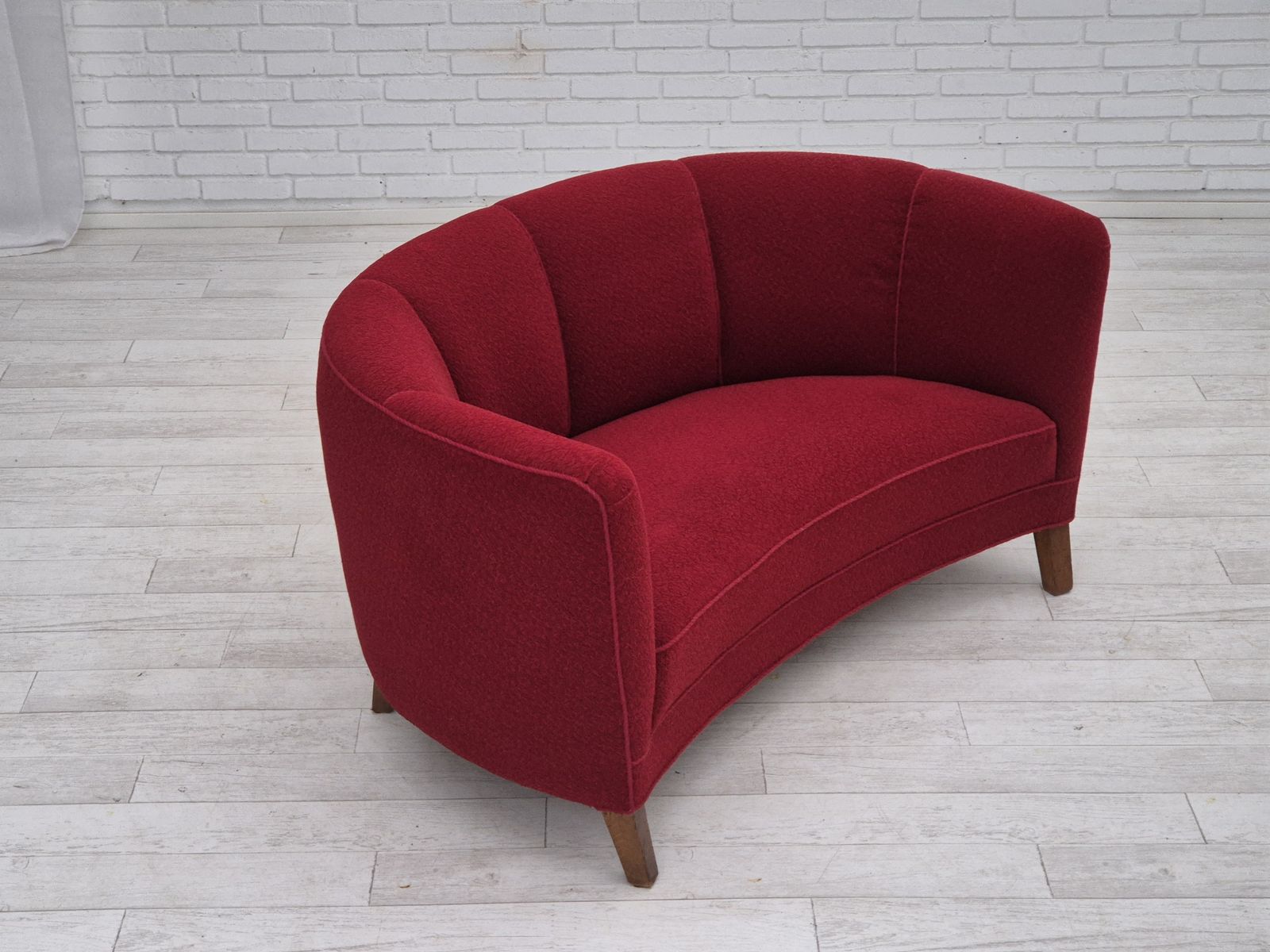 1960s, Danish 2 Seater Curved Sofa, Original Red Furniture Fabric. photo vinterior
