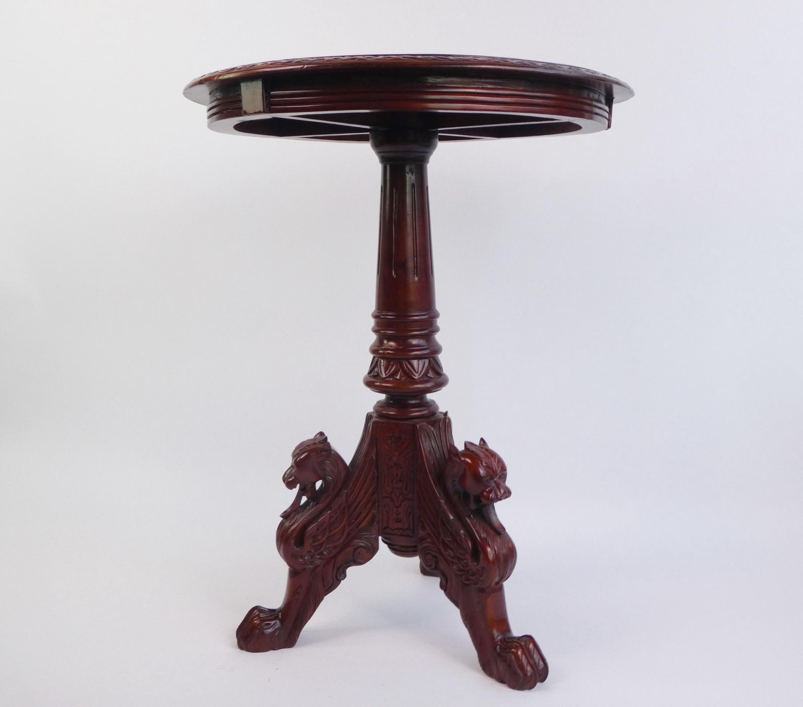 Antique English Mahogany Chess Table With Dragons, Carved Round Side Table, Unique Furniture photo vinterior