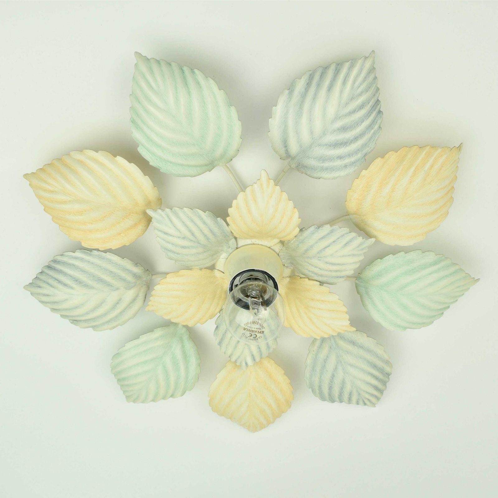 Vintage Pastel Flush Mount Or Wall Sconce Leafs Green Peach Light Blue | Mid Century Hollywood Regency Ceiling Lamp Toleware Retro 1980s photo buy