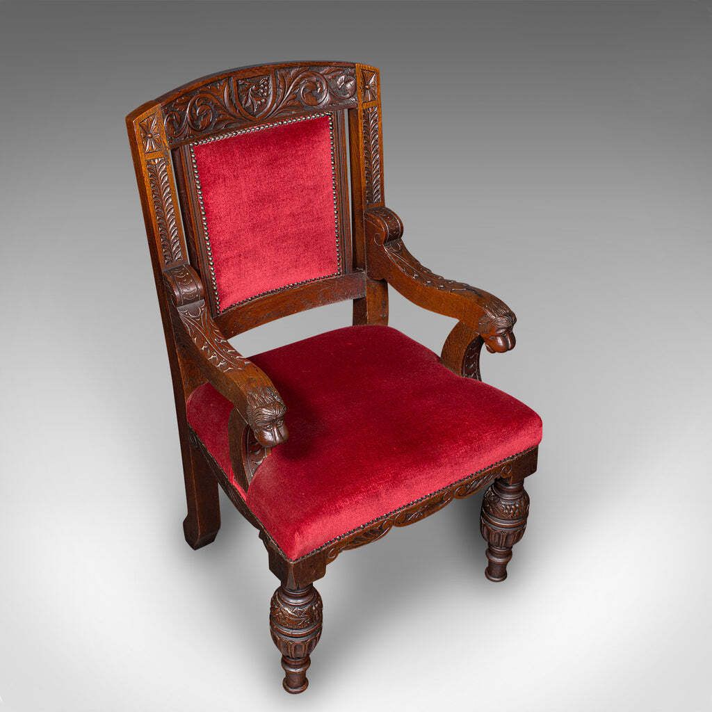 Antique Morning Room Elbow Chair, Scottish, Oak, Gothic Revival Seat, Victorian photo vinterior