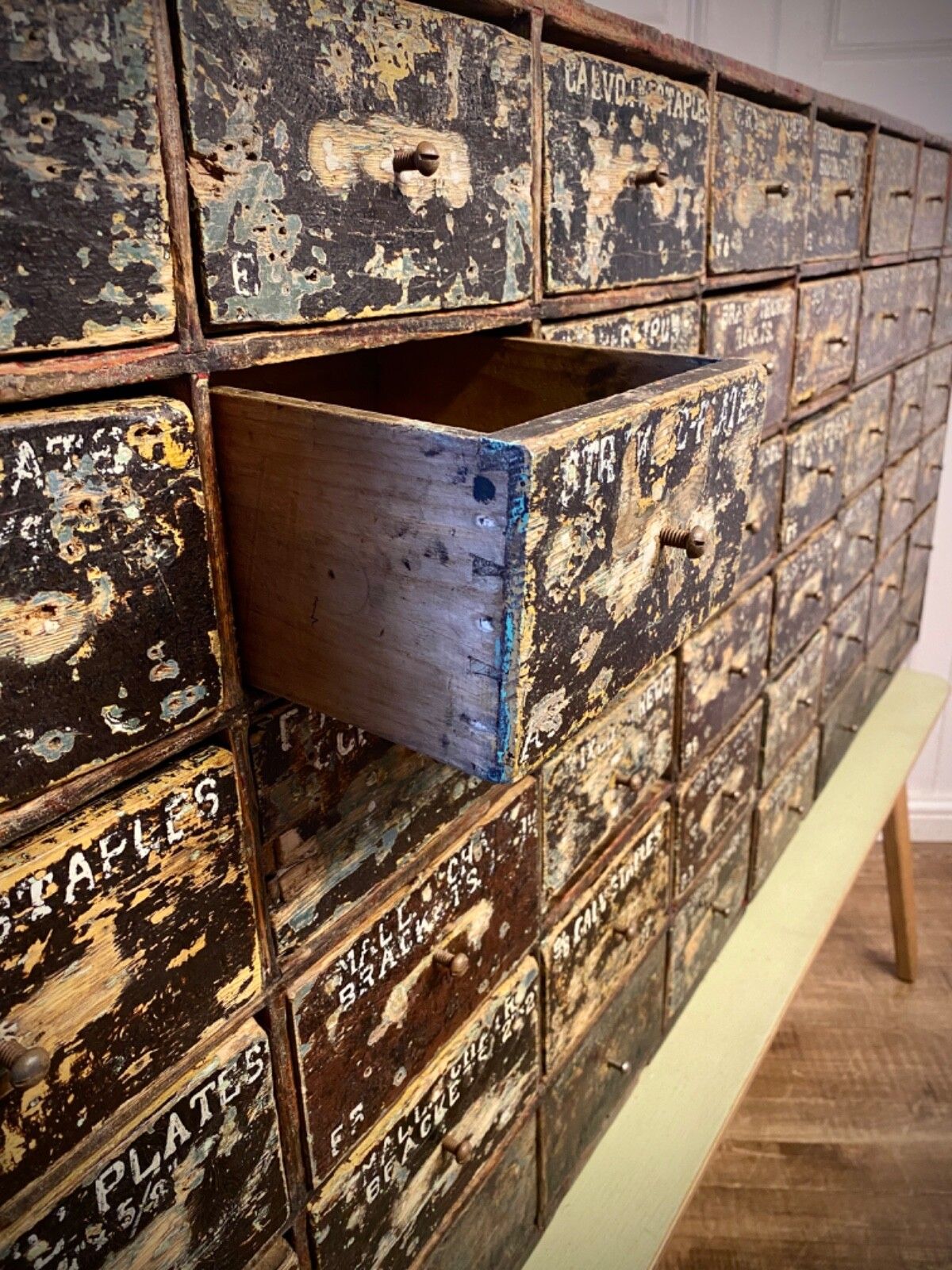 Antique English Large Bank Of 48 Ironmongers Shop Drawers. Industrial Storage.