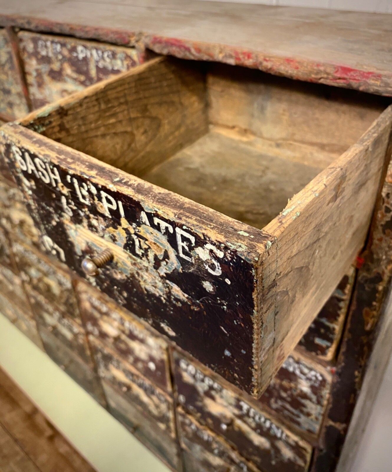 photo furniture Antique English Large Bank Of 48 Ironmongers Shop Drawers. Industrial Storage.