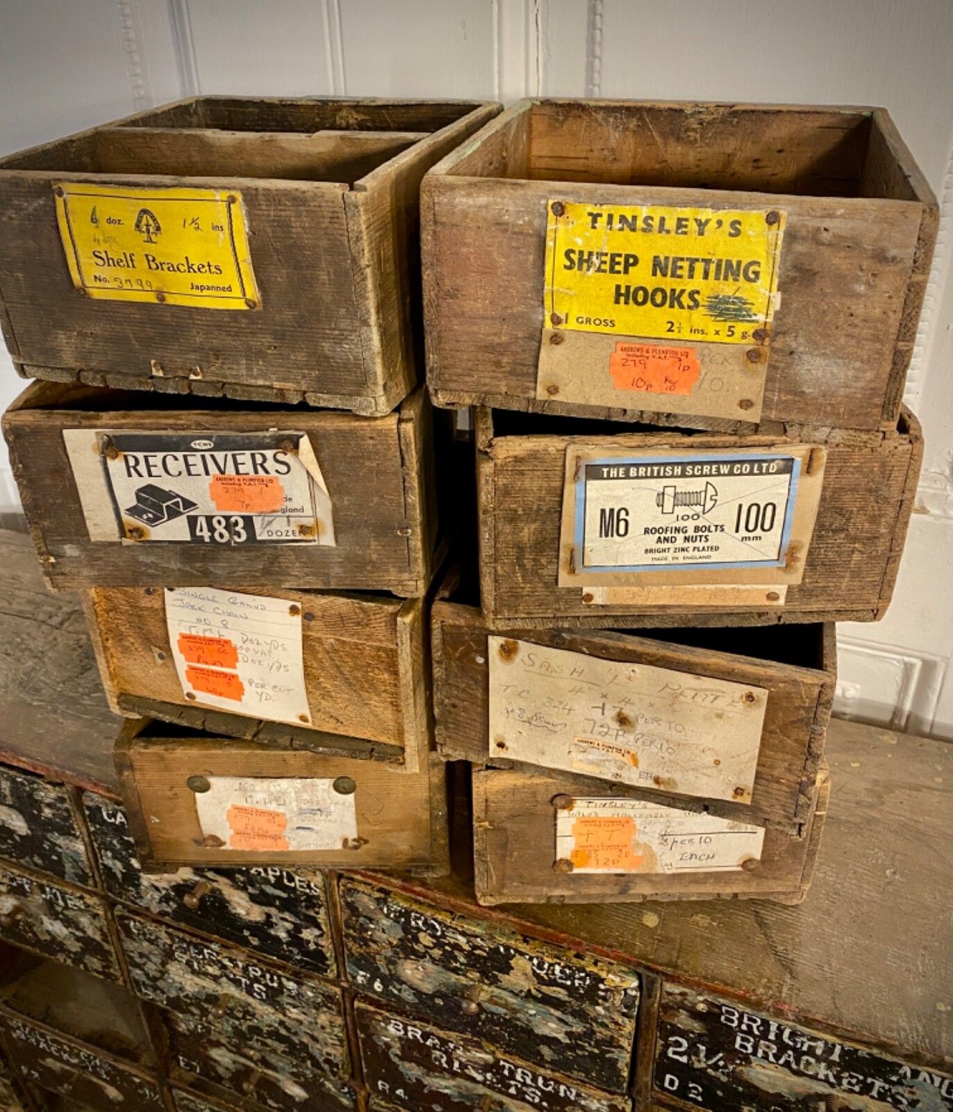 photo buy Antique English Large Bank Of 48 Ironmongers Shop Drawers. Industrial Storage.