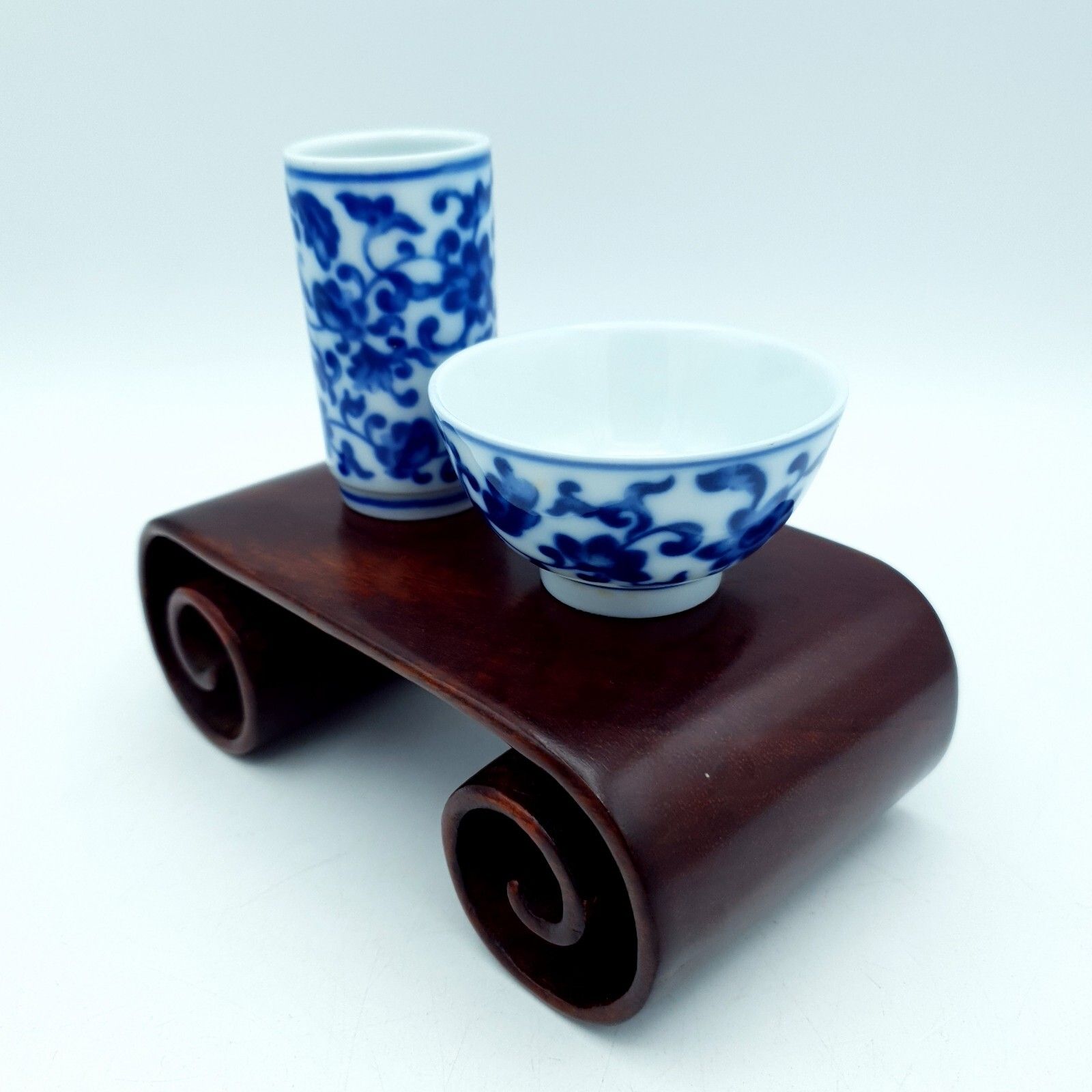 Chinese Tea Wine Tasting Set Wood Scroll Base Da Qing Guangxu Nian Zhi Repro photo furniture