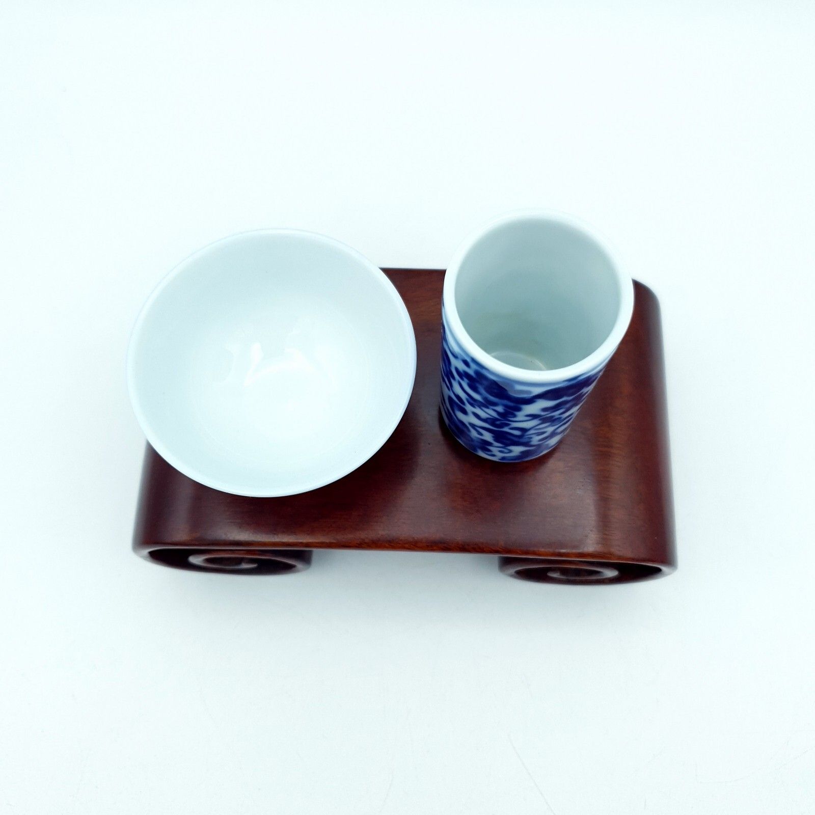 Chinese Tea Wine Tasting Set Wood Scroll Base Da Qing Guangxu Nian Zhi Repro photo vinterior
