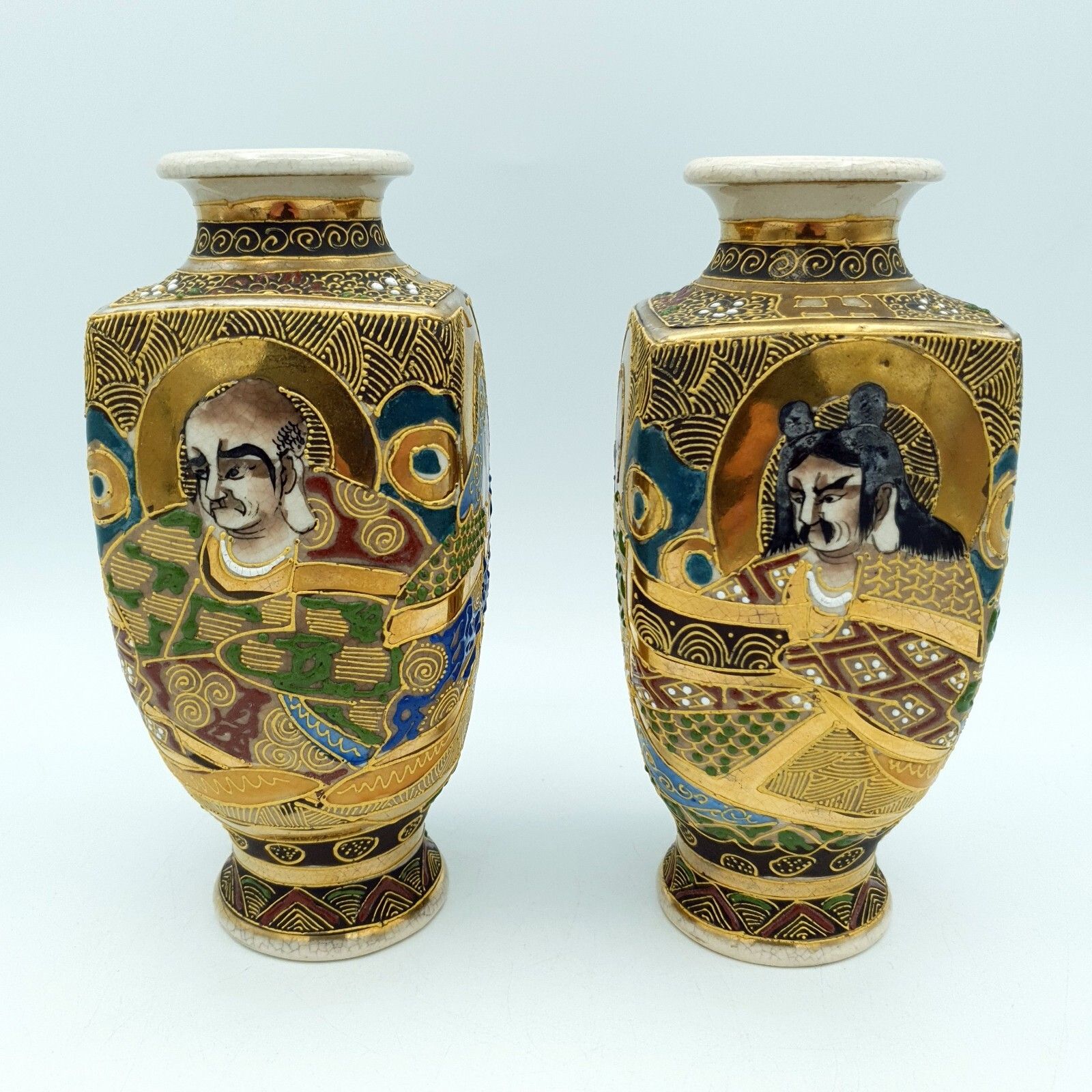 Kusube Satsuma Vase X 2 Vintage Hand Painted Enamel Pottery Vases H15cm (1 Chip)
