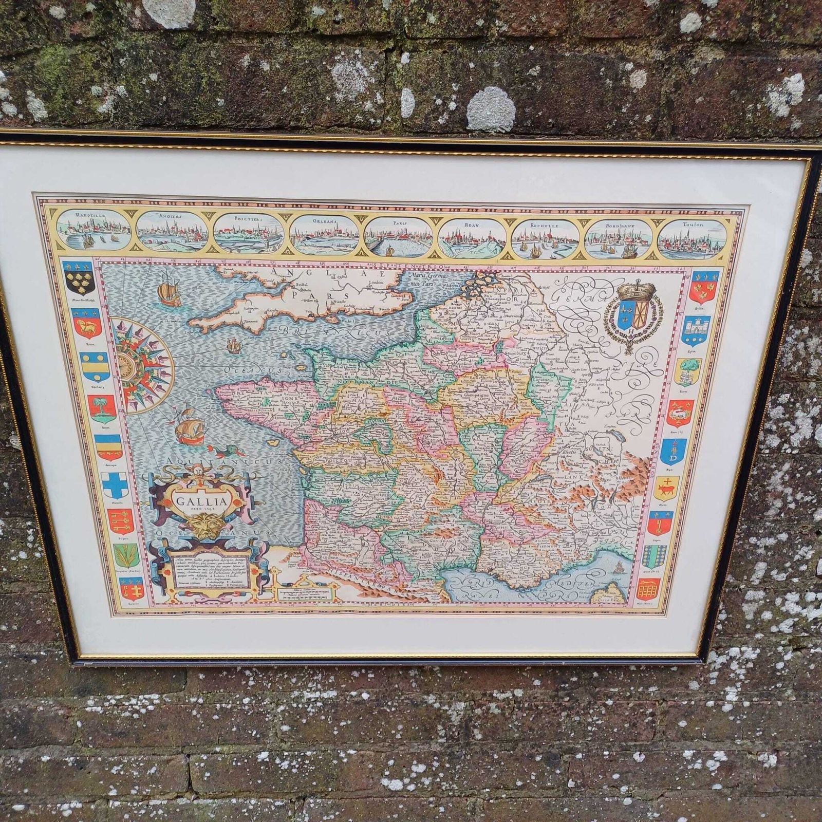 Large Vintage Map Of France (Gallia) Anno 1598 In Glazed Vintage Black And Gold Frame   Approx 54cm X 68cm
