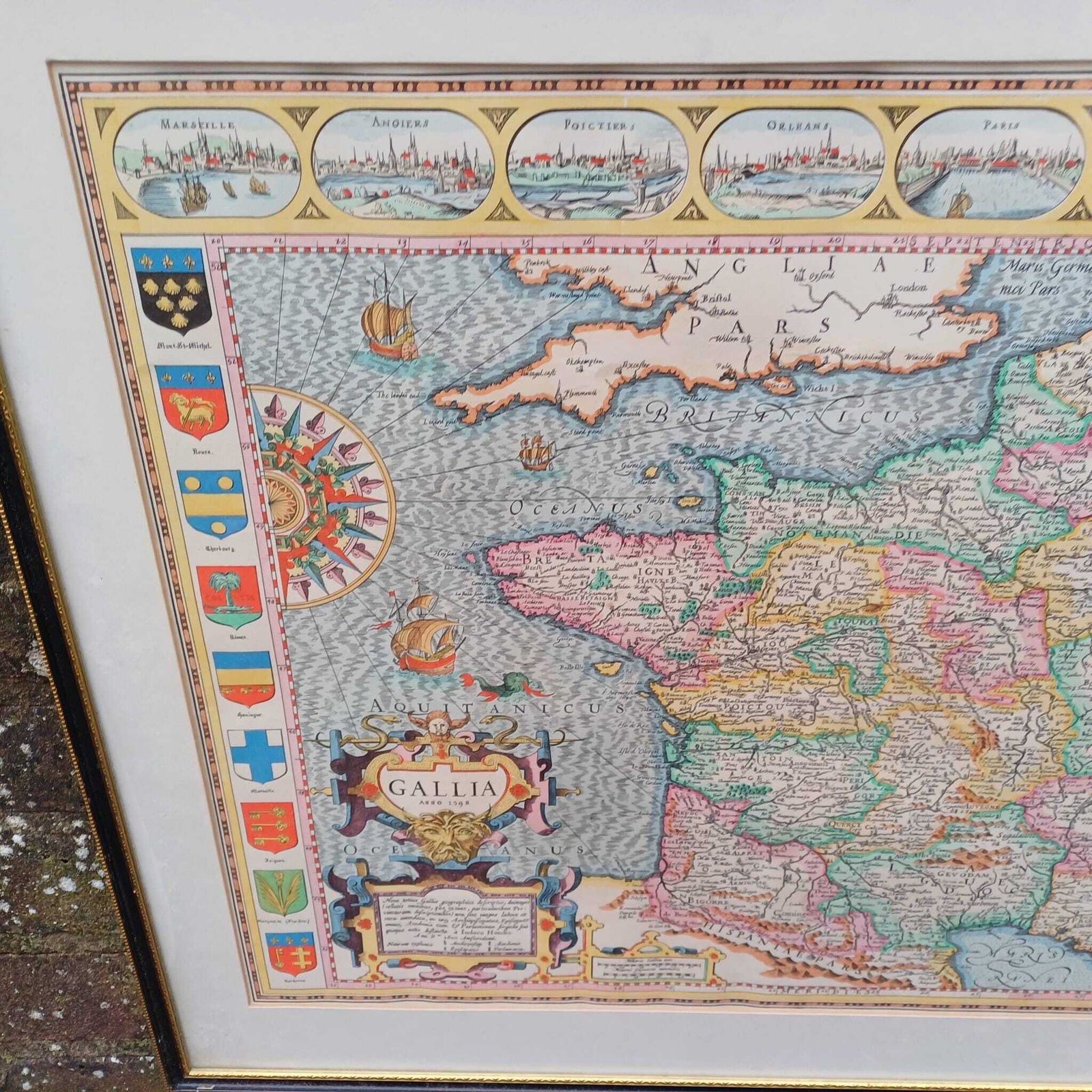 Large Vintage Map Of France (Gallia) Anno 1598 In Glazed Vintage Black And Gold Frame   Approx 54cm X 68cm photo Art