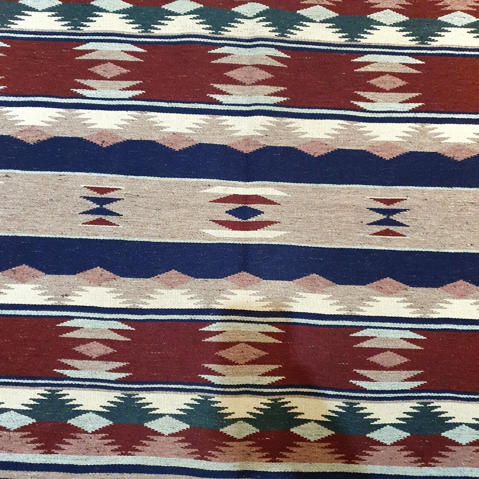 Handwoven Mexican Zapotec Wool Rug Geometric Pattern Mid Century 58" X 39" Vtg photo vintage
