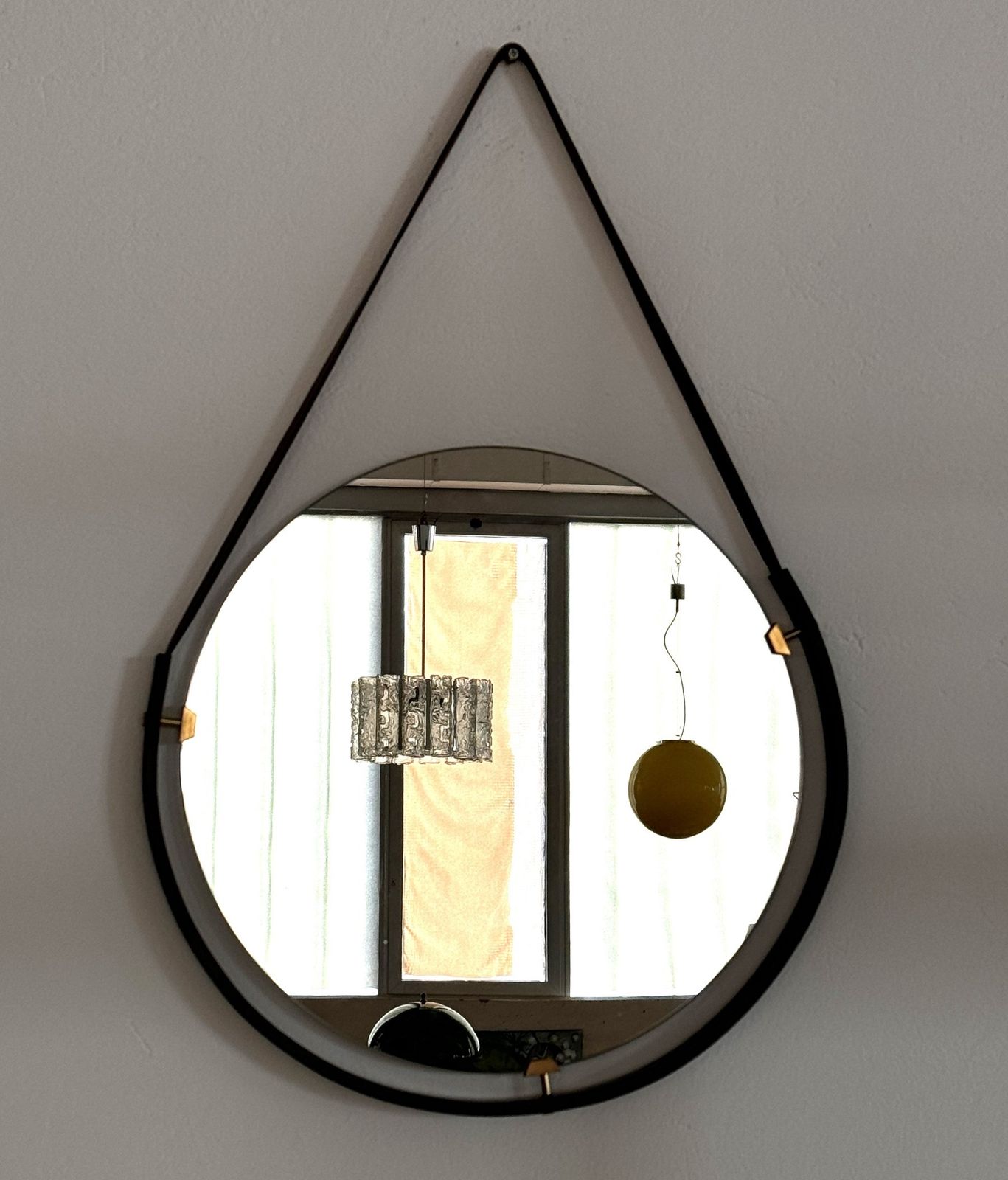 Italian Floating Wall Mirror With Leather Strap And Brass Details, 1960s photo for sale