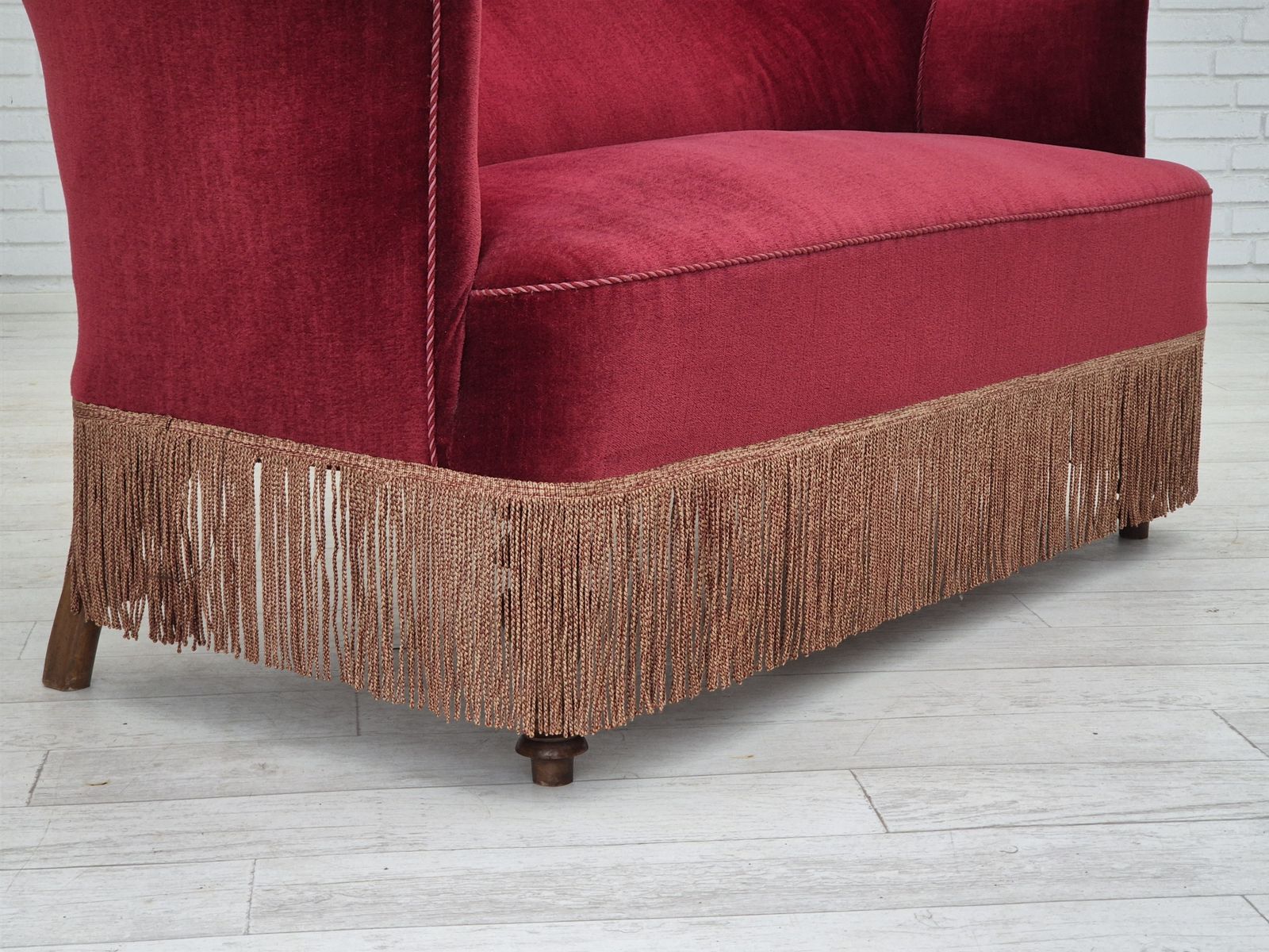 1950s, Danish 2 Seater Sofa, Cherry Red Furniture Velour, Ash Wood. photo 1470.0