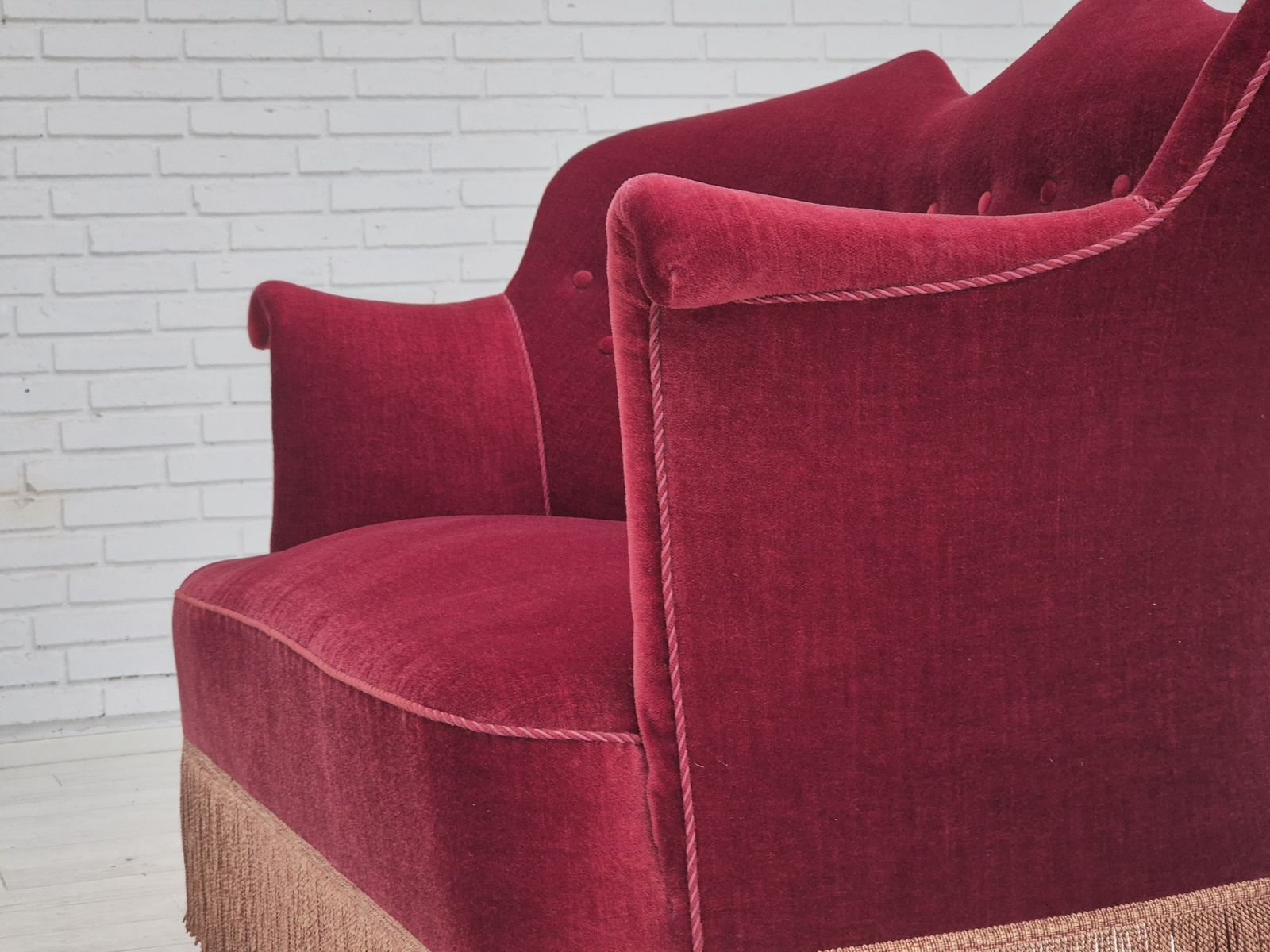 1950s, Danish 2 Seater Sofa, Cherry Red Furniture Velour, Ash Wood. photo vinterior