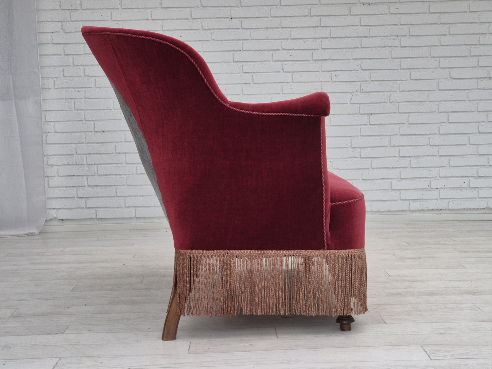 1950s, Danish 2 Seater Sofa, Cherry Red Furniture Velour, Ash Wood. photo buy