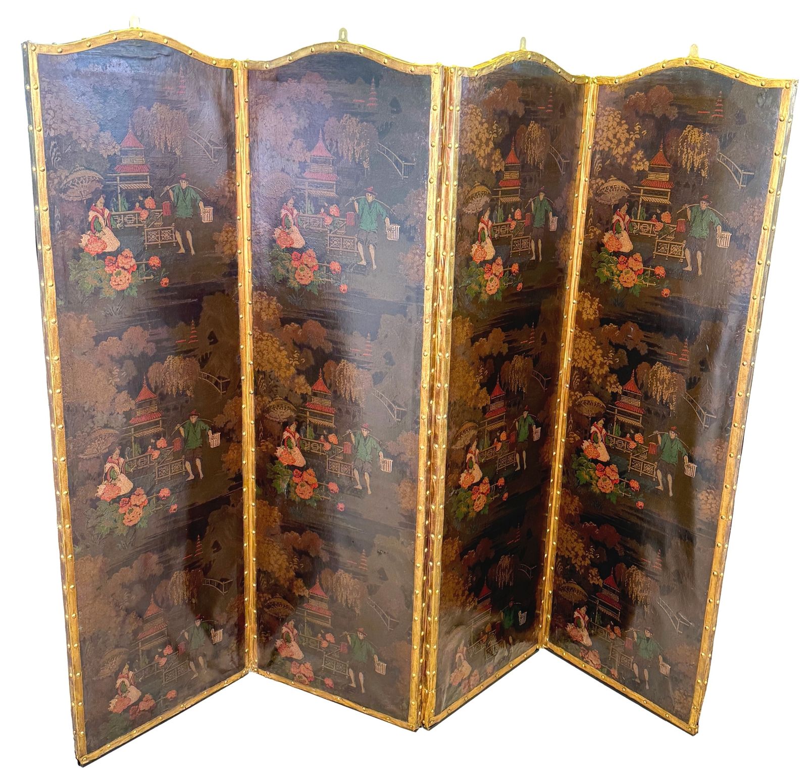 Four Fold 19th Century Chinoiserie Leather Screen (England, Circa 1890) photo vintage