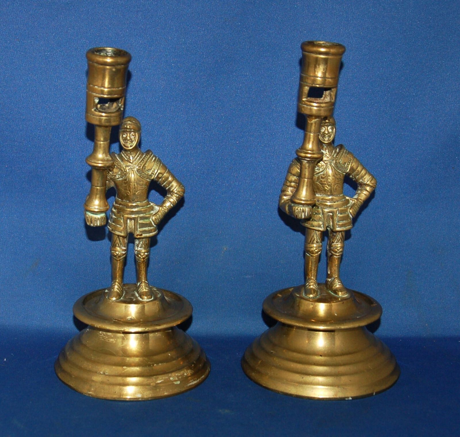 A Rare Pair Of Antique Brass Medieval Knight Candlesticks, 8.7 " Height,