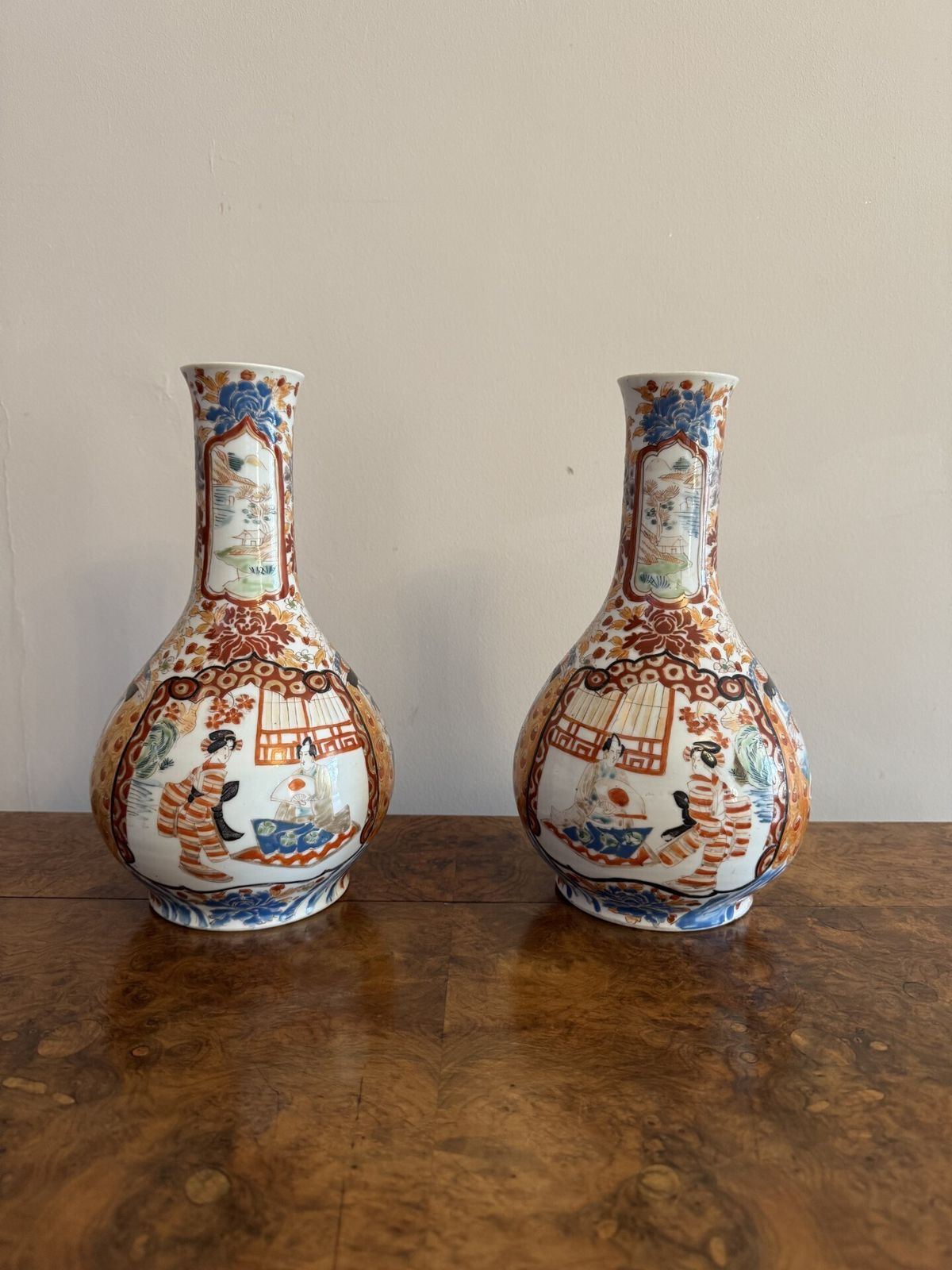 Fine Quality Pair Of Antique Japanese Imari Bottle Shaped Vases