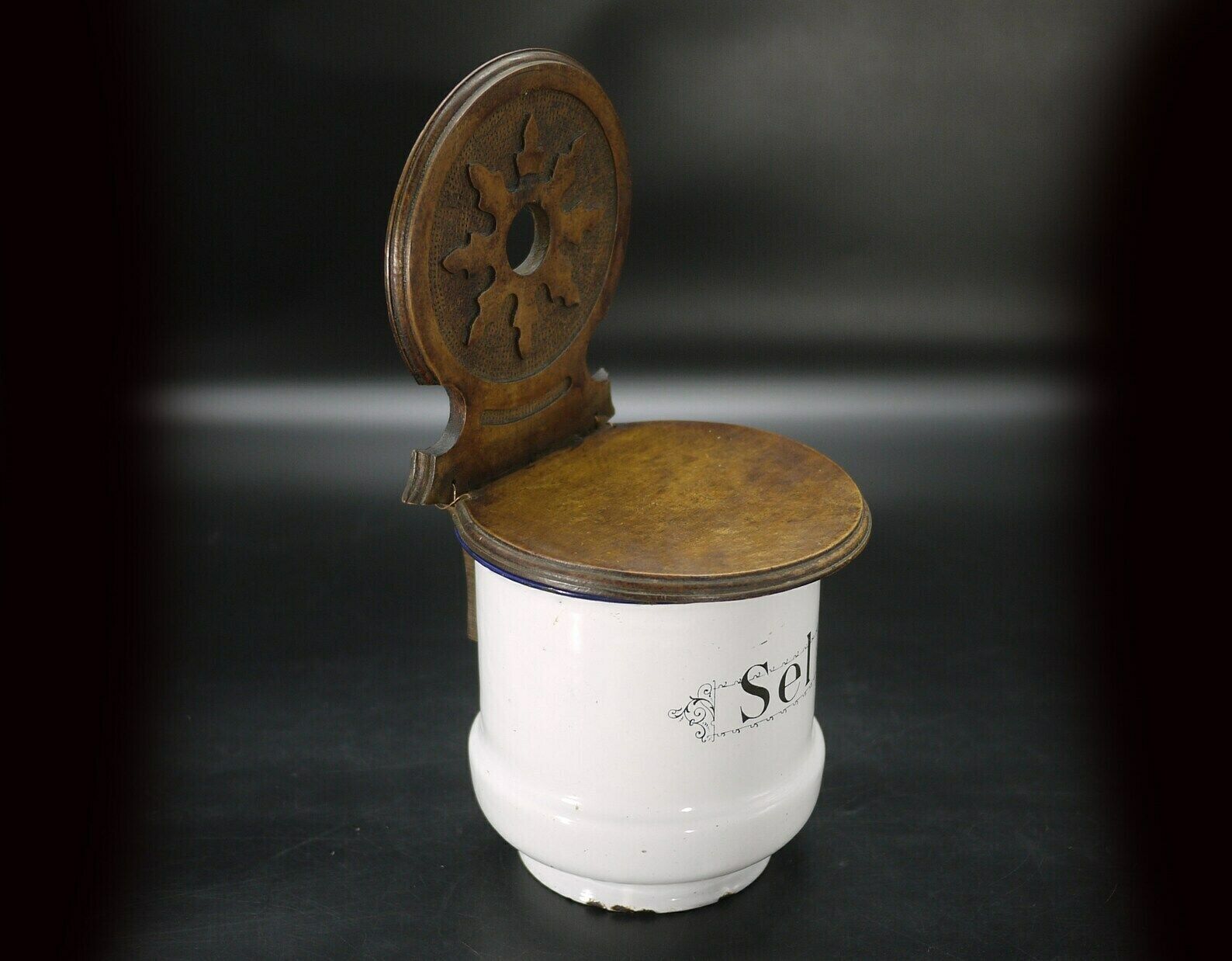 Antique French Provencal Salt Box Wood And Enamel photo 226.0