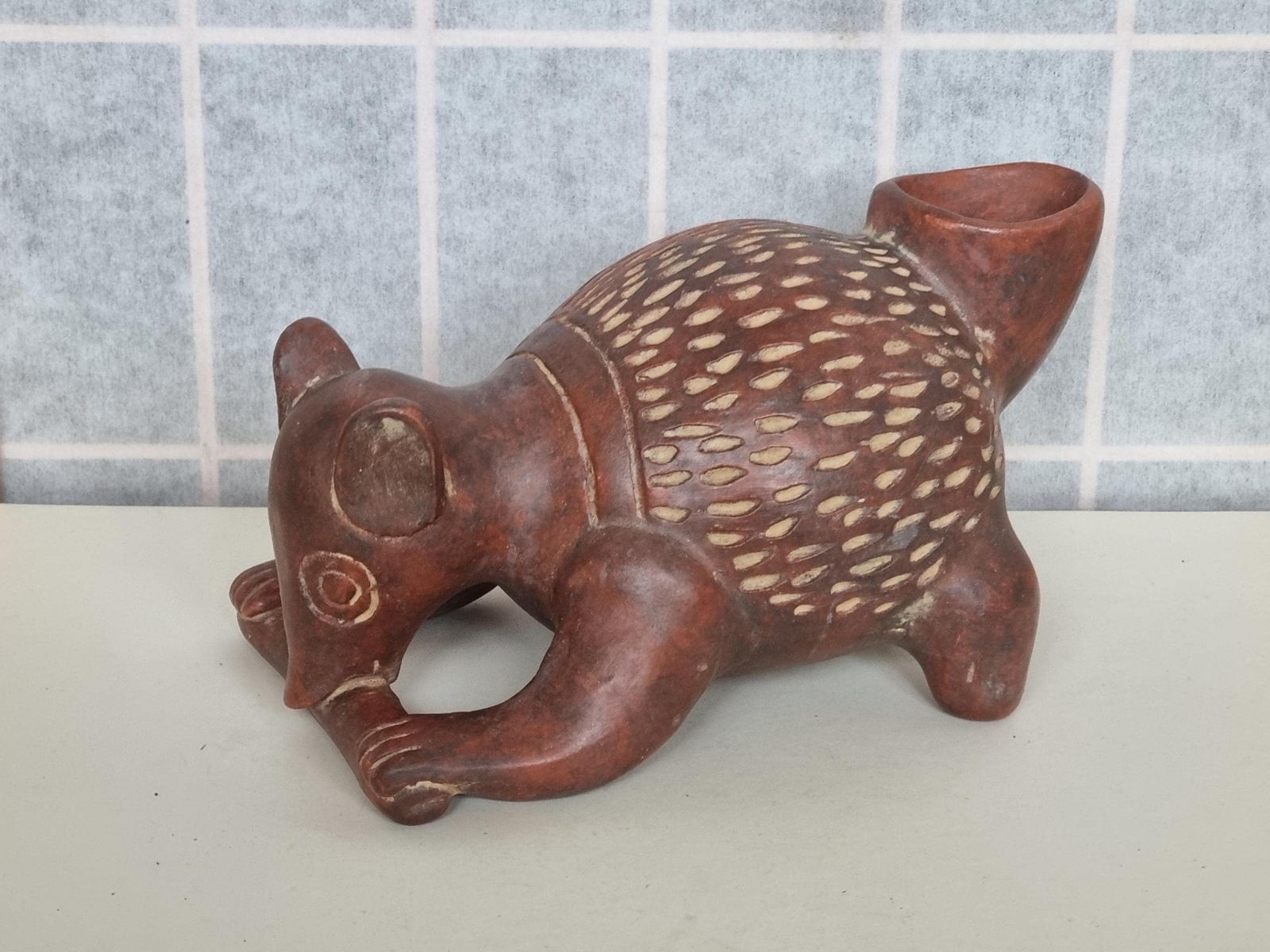 Mexican Clay Coati Sculpture | Inah Museum Reproduction | Pre Hispanic Style Pottery Animal Vessel | Aztec Maya Inspired Art Decor photo for sale