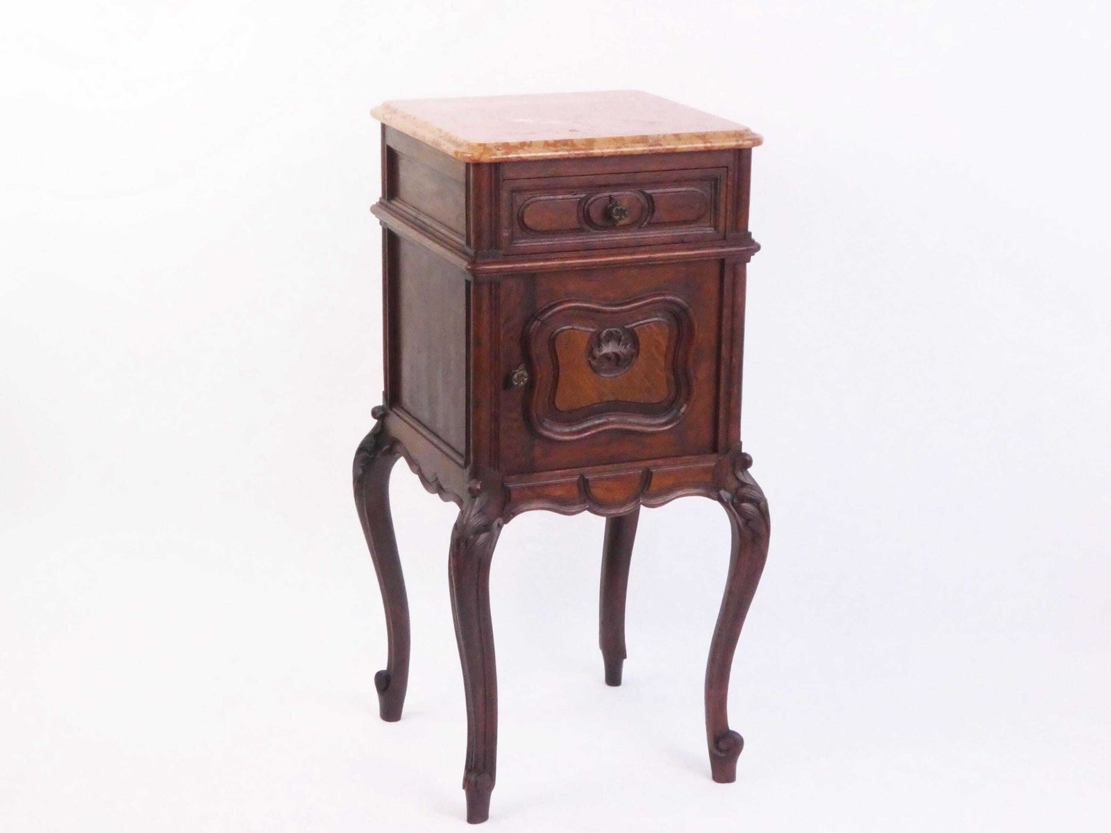 Antique French Louis XV Wooden Side Table With Marble, Walnut Carved Tall Chest, Beside Table, Entryway Furniture
