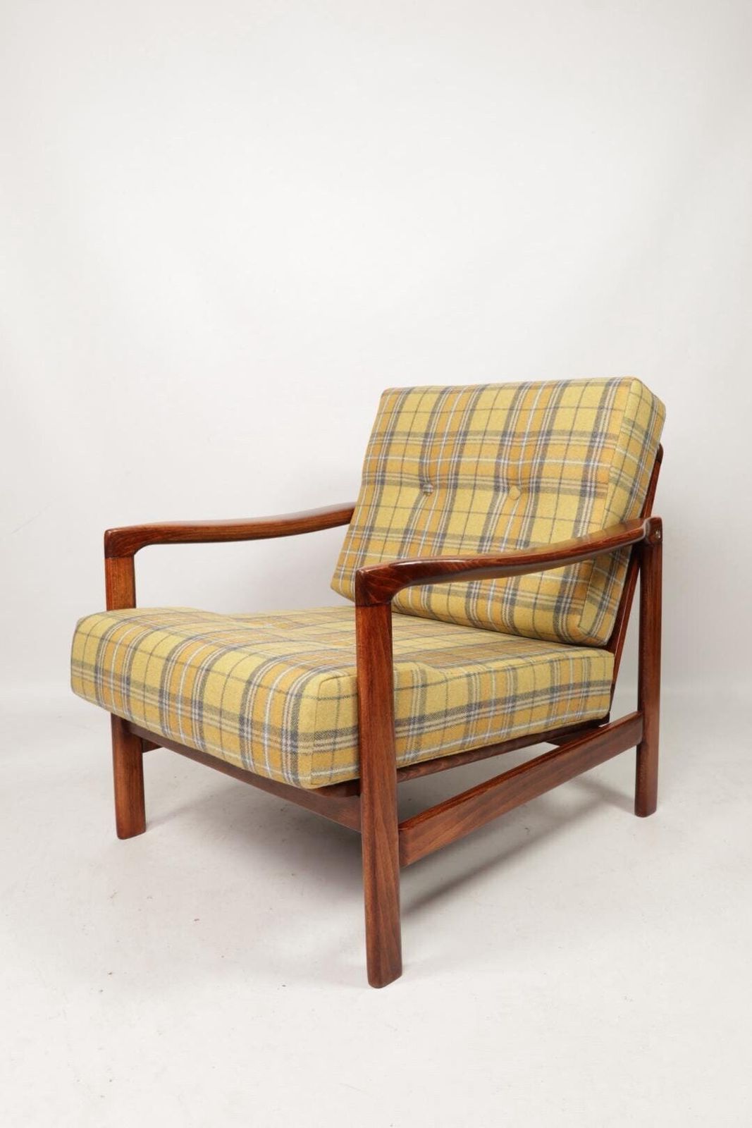 Yellow Wool Tartan Vintage Armchair From Poland By Zenon Bączyk, 1960s