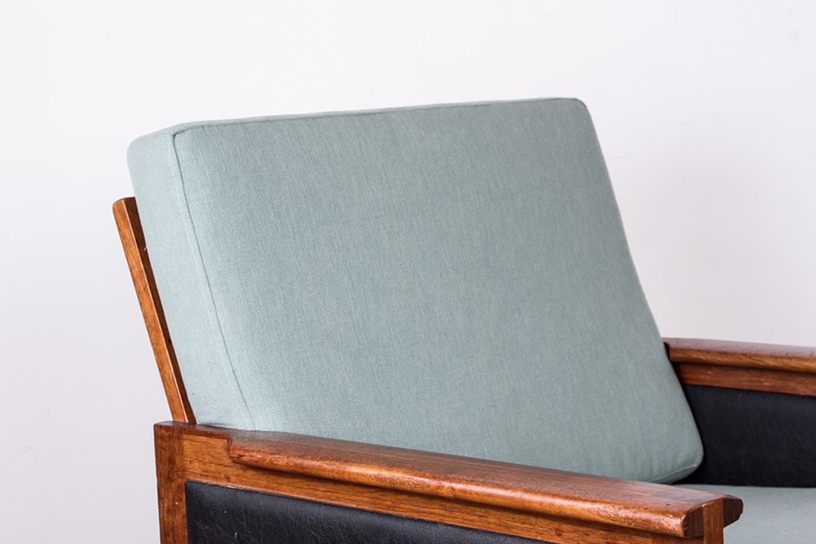 Pair Of Danish Armchairs In Teak, Fabric And Leather, Model N°4 Capella Illum Wikkelsø For Niels Eilersen 1960. photo furniture