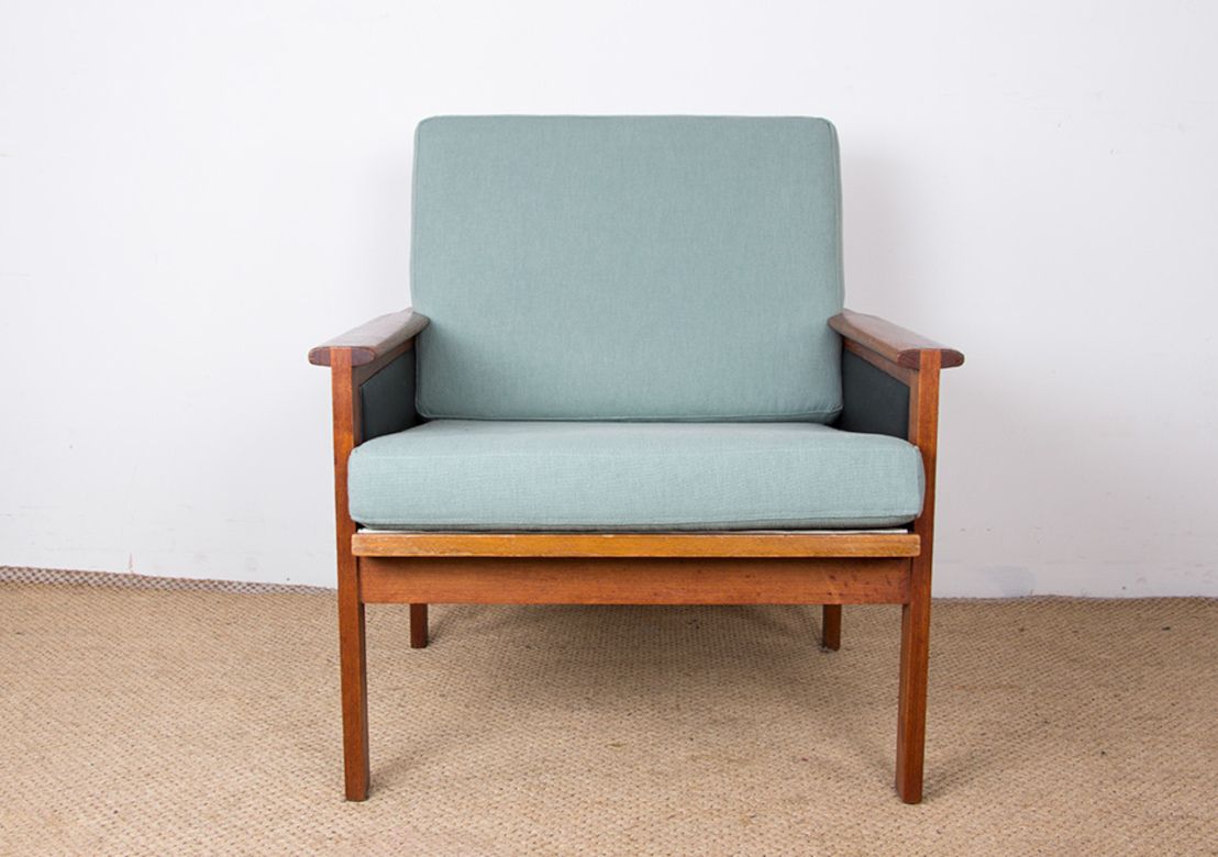 Pair Of Danish Armchairs In Teak, Fabric And Leather, Model N°4 Capella Illum Wikkelsø For Niels Eilersen 1960. photo for sale