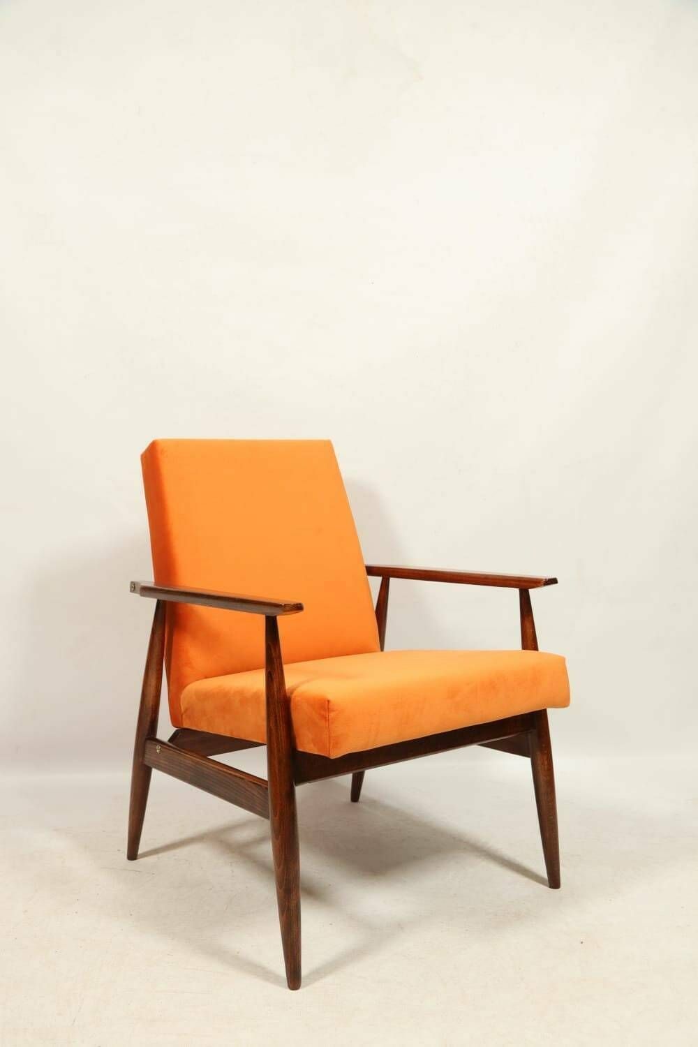 Vintage Armchair Juice Orange Velvet Brown Wood Scandinavian Lounge Chair photo Furniture