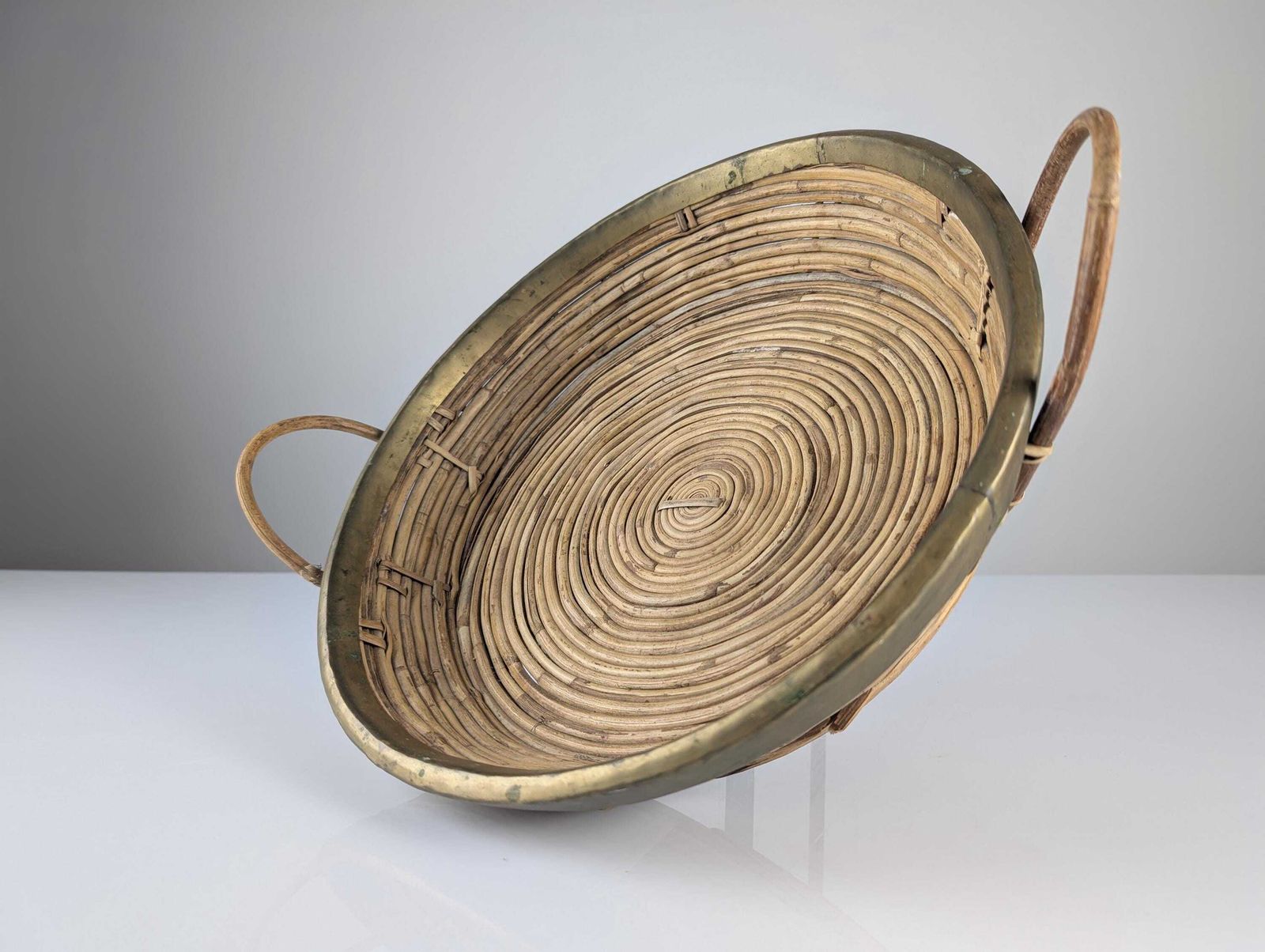 Rattan And Brass Centerpiece Basket With Handles Gabriella Crespi 1970s Style