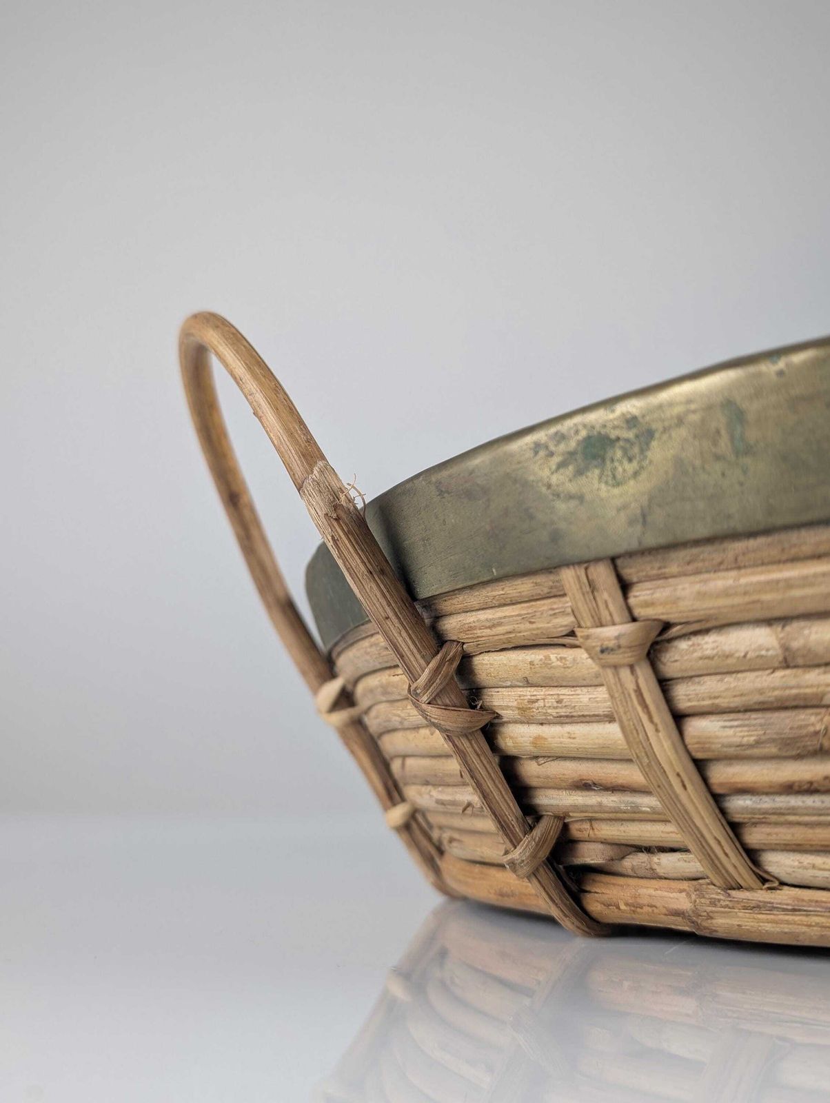 Rattan And Brass Centerpiece Basket With Handles Gabriella Crespi 1970s Style photo vinterior