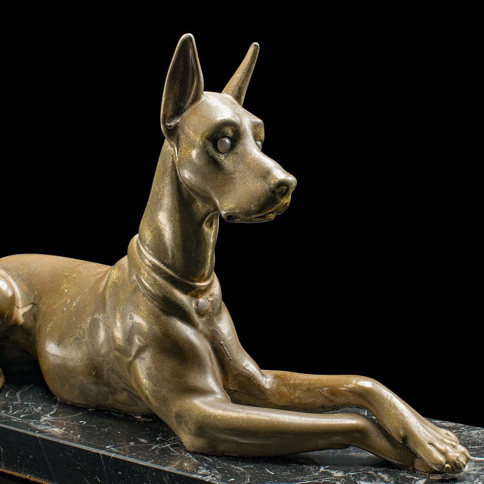 Vintage Great Dane Figure, English, Brass, Dog Statue, Marble, Art Deco, C.1930 photo vintage